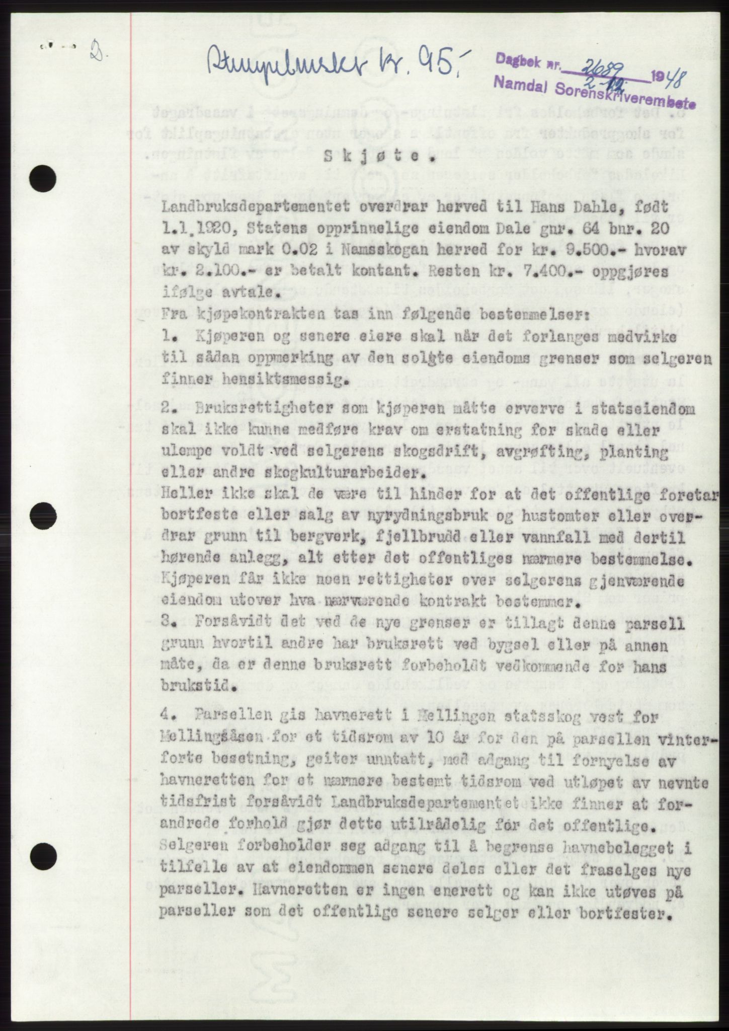 Namdal sorenskriveri, SAT/A-4133/1/2/2C: Pantebok nr. -, 1948-1948, Dagboknr: 2689/1948