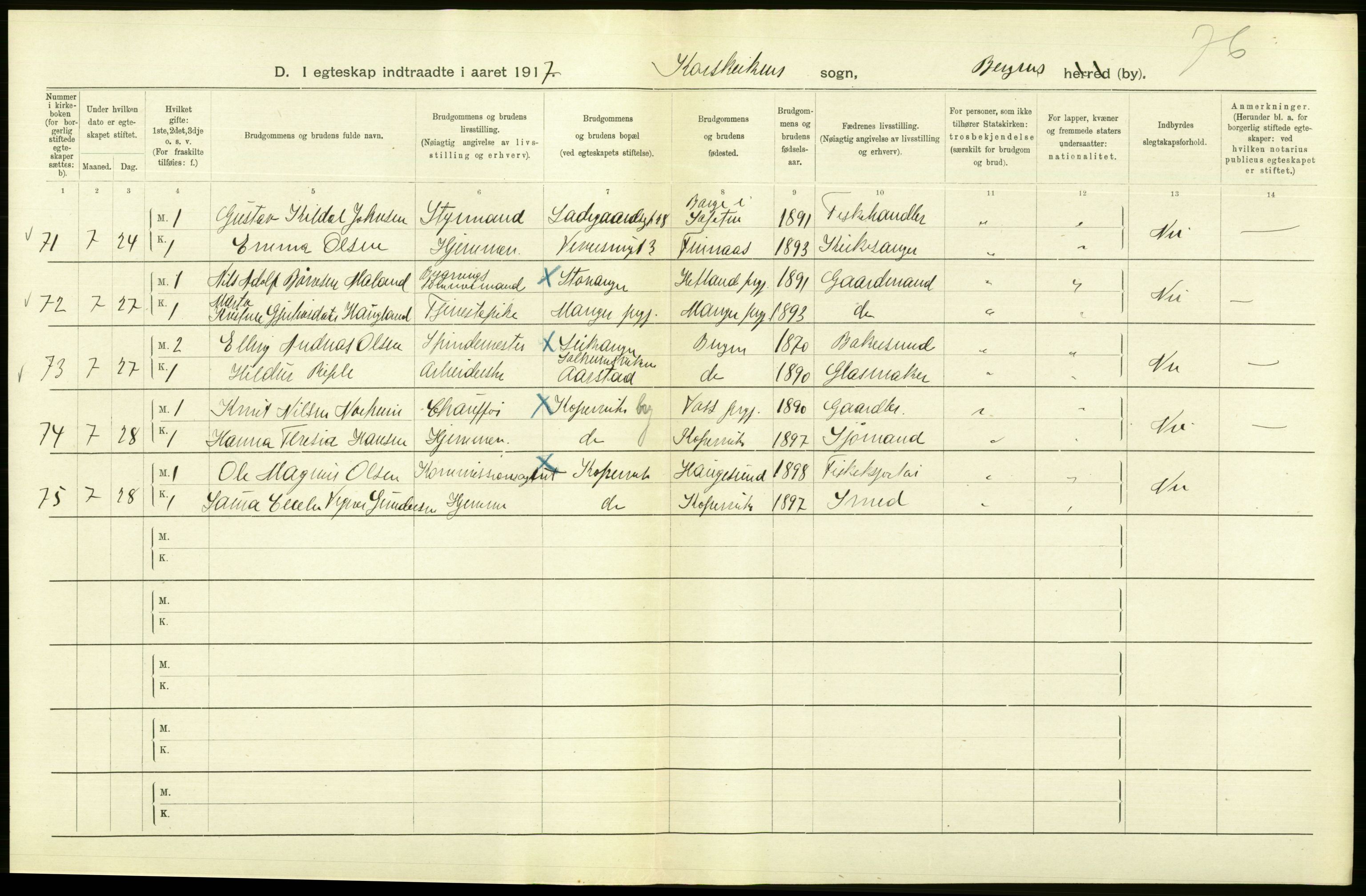 Statistisk sentralbyrå, Sosiodemografiske emner, Befolkning, RA/S-2228/D/Df/Dfb/Dfbg/L0038: Bergen: Gifte, døde, dødfødte., 1917, s. 56