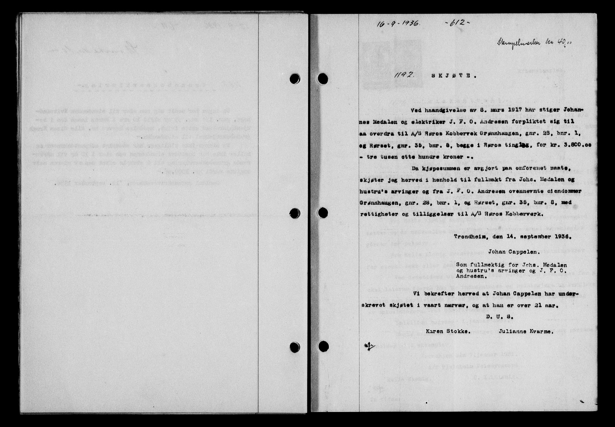 Gauldal sorenskriveri, SAT/A-0014/1/2/2C/L0046: Pantebok nr. 49-50, 1936-1937, Dagboknr: 1192/1936