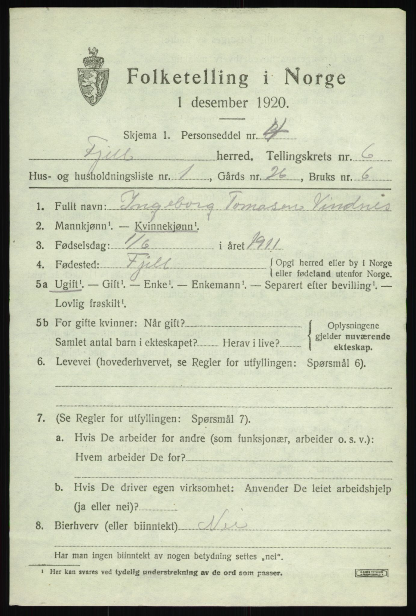 SAB, Folketelling 1920 for 1246 Fjell herred, 1920, s. 5220