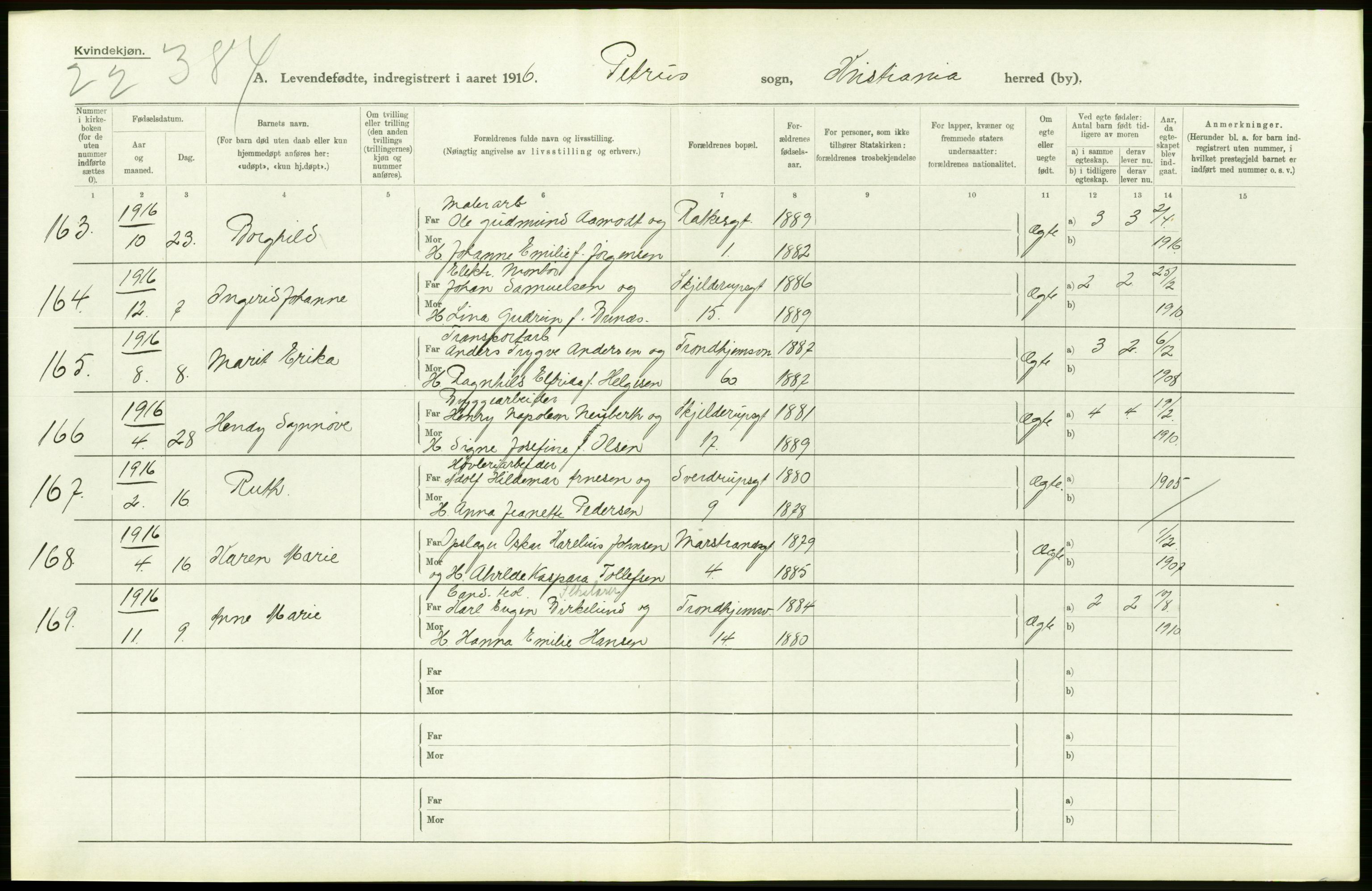 Statistisk sentralbyrå, Sosiodemografiske emner, Befolkning, AV/RA-S-2228/D/Df/Dfb/Dfbf/L0006: Kristiania: Levendefødte menn og kvinner., 1916, s. 634