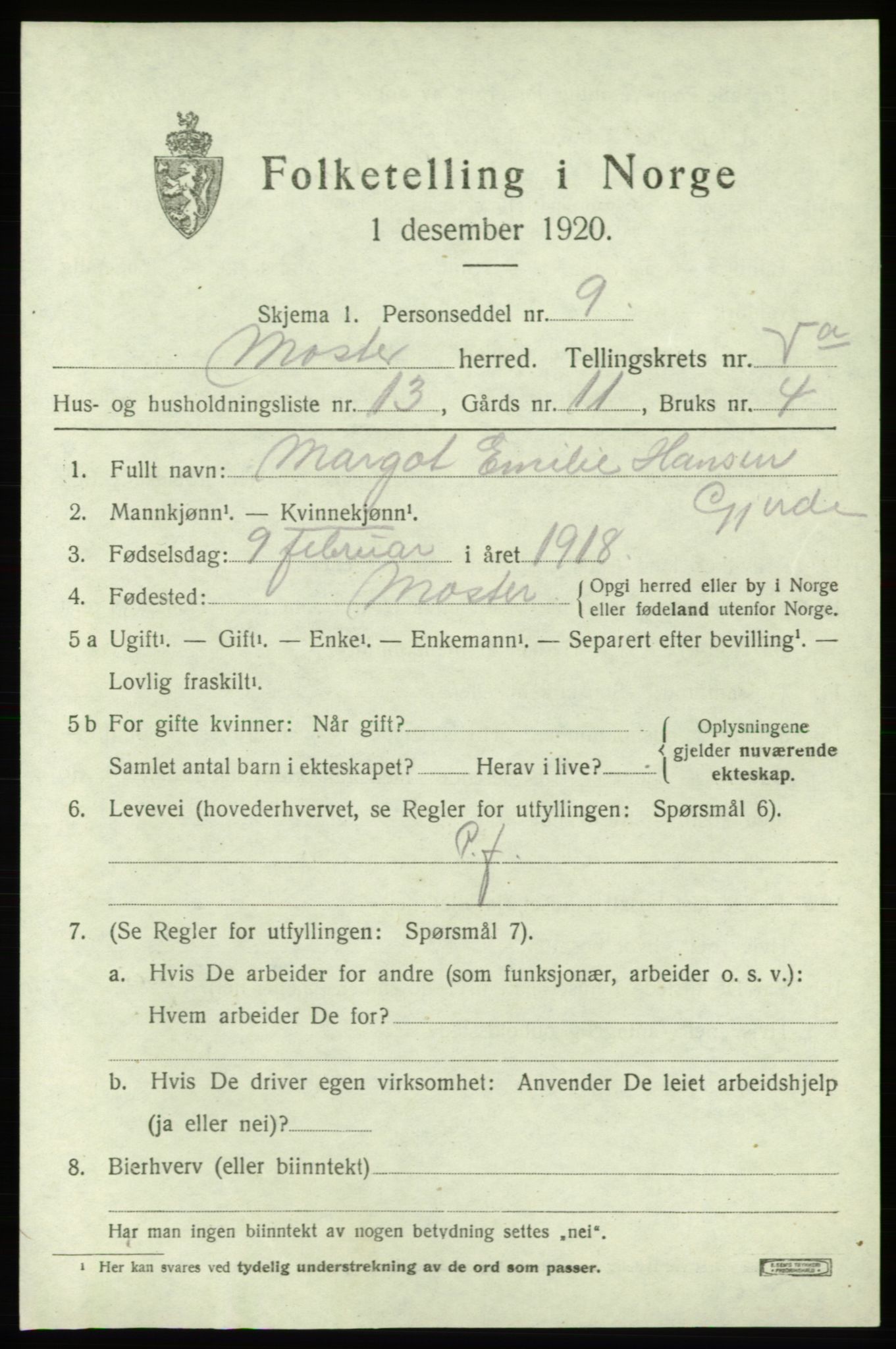 SAB, Folketelling 1920 for 1218 Moster herred, 1920, s. 1677