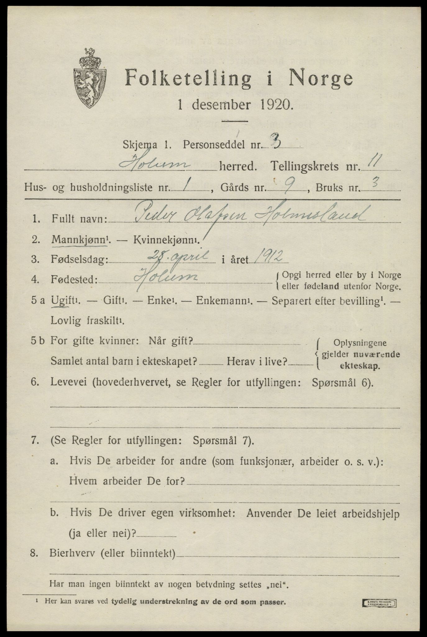 SAK, Folketelling 1920 for 1020 Holum herred, 1920, s. 2823