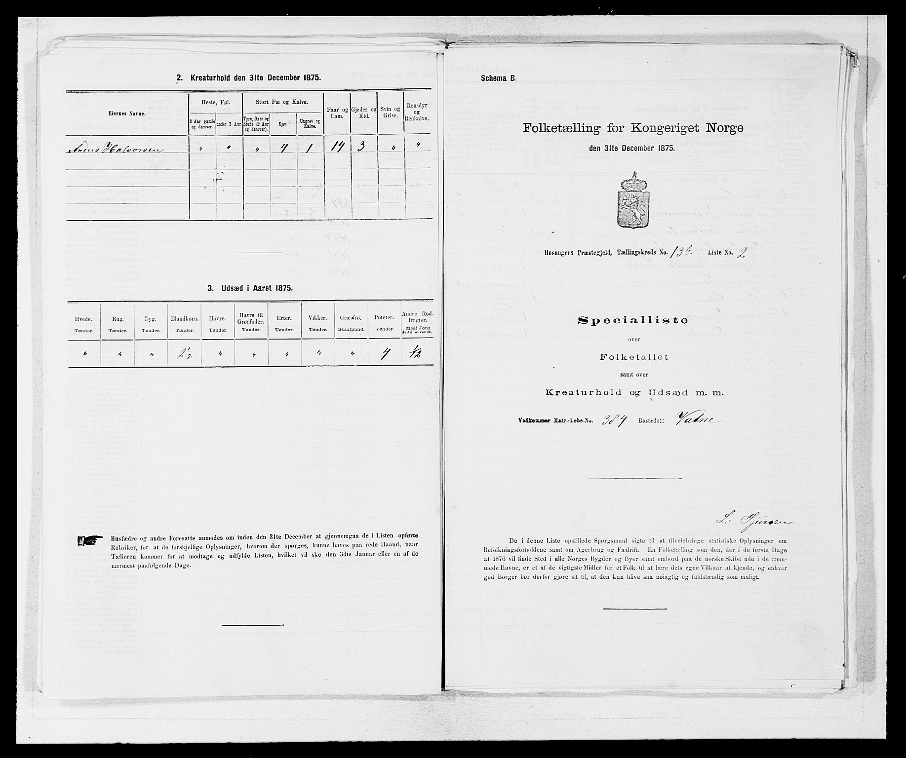 SAB, Folketelling 1875 for 1253P Hosanger prestegjeld, 1875, s. 998