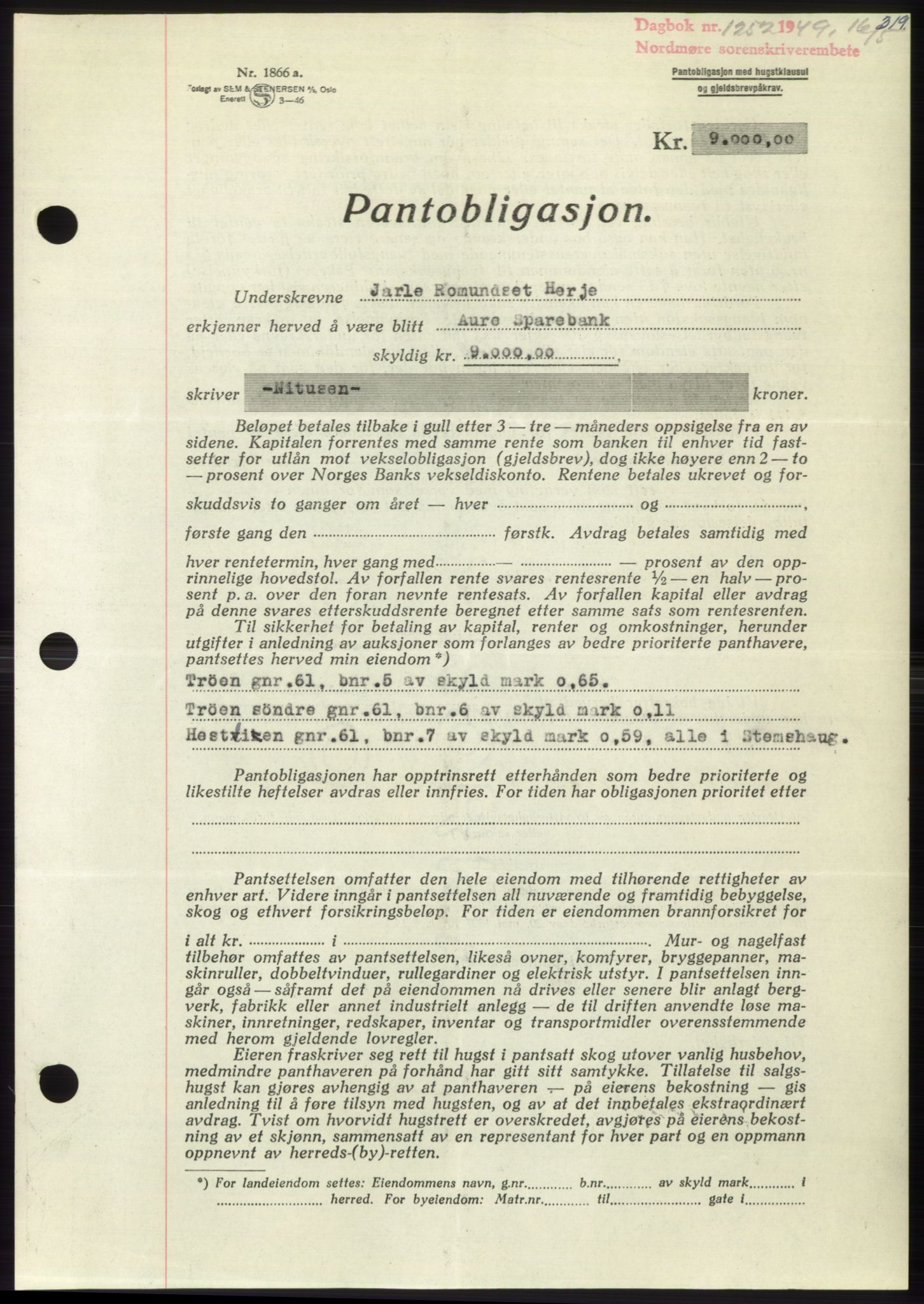 Nordmøre sorenskriveri, SAT/A-4132/1/2/2Ca: Pantebok nr. B101, 1949-1949, Dagboknr: 1252/1949