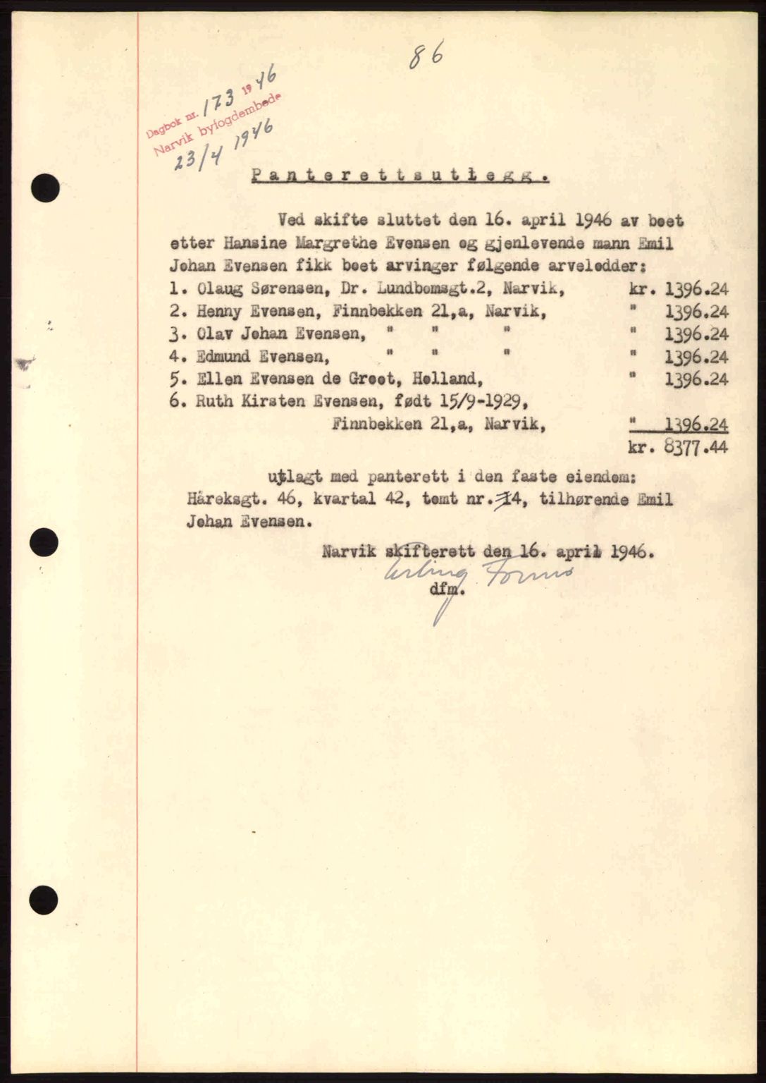 Narvik sorenskriveri, SAT/A-0002/1/2/2C/2Ca: Pantebok nr. A21, 1946-1947, Dagboknr: 173/1946