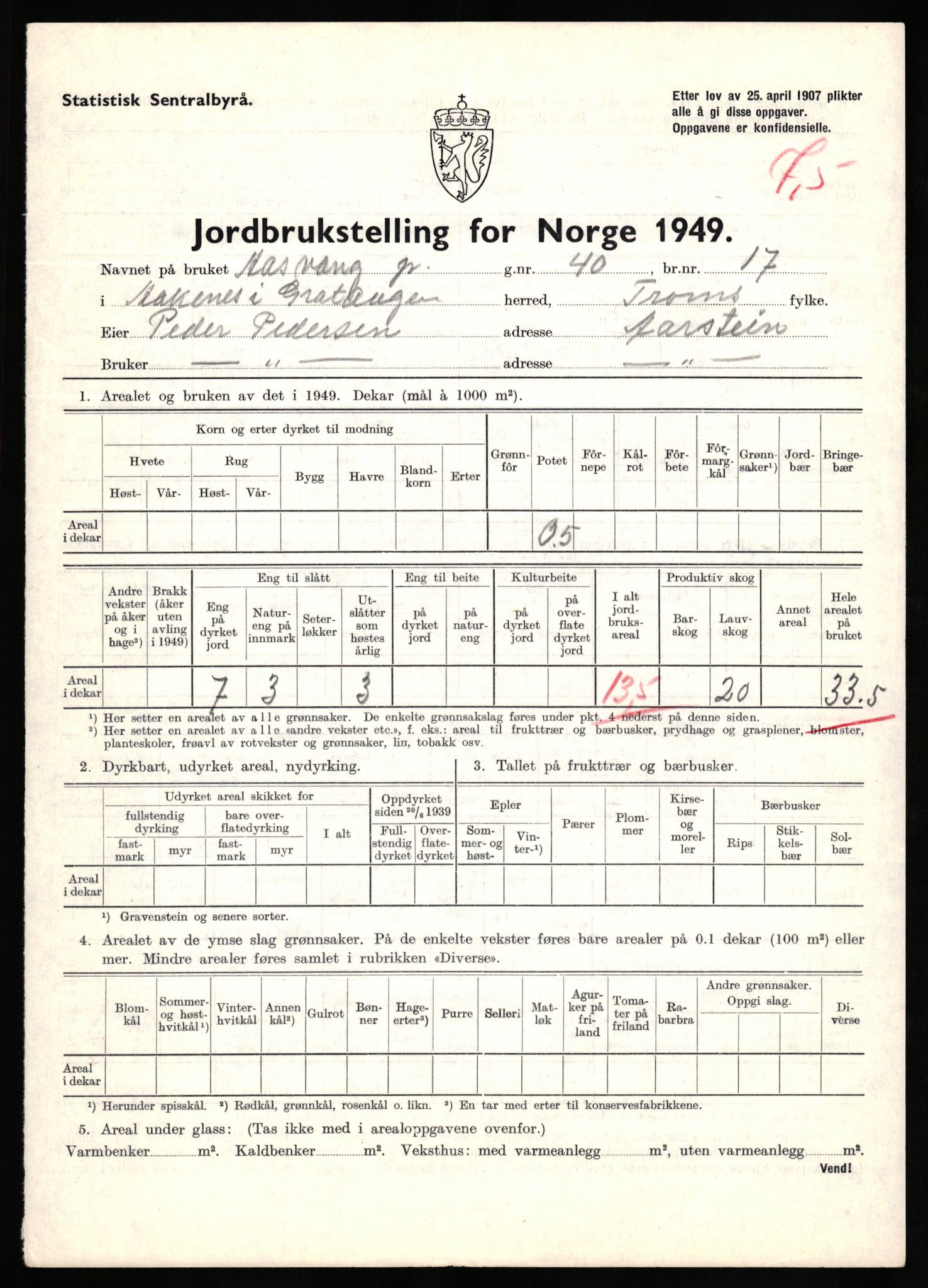 Statistisk sentralbyrå, Næringsøkonomiske emner, Jordbruk, skogbruk, jakt, fiske og fangst, AV/RA-S-2234/G/Gc/L0437: Troms: Gratangen og Lavangen, 1949, s. 879
