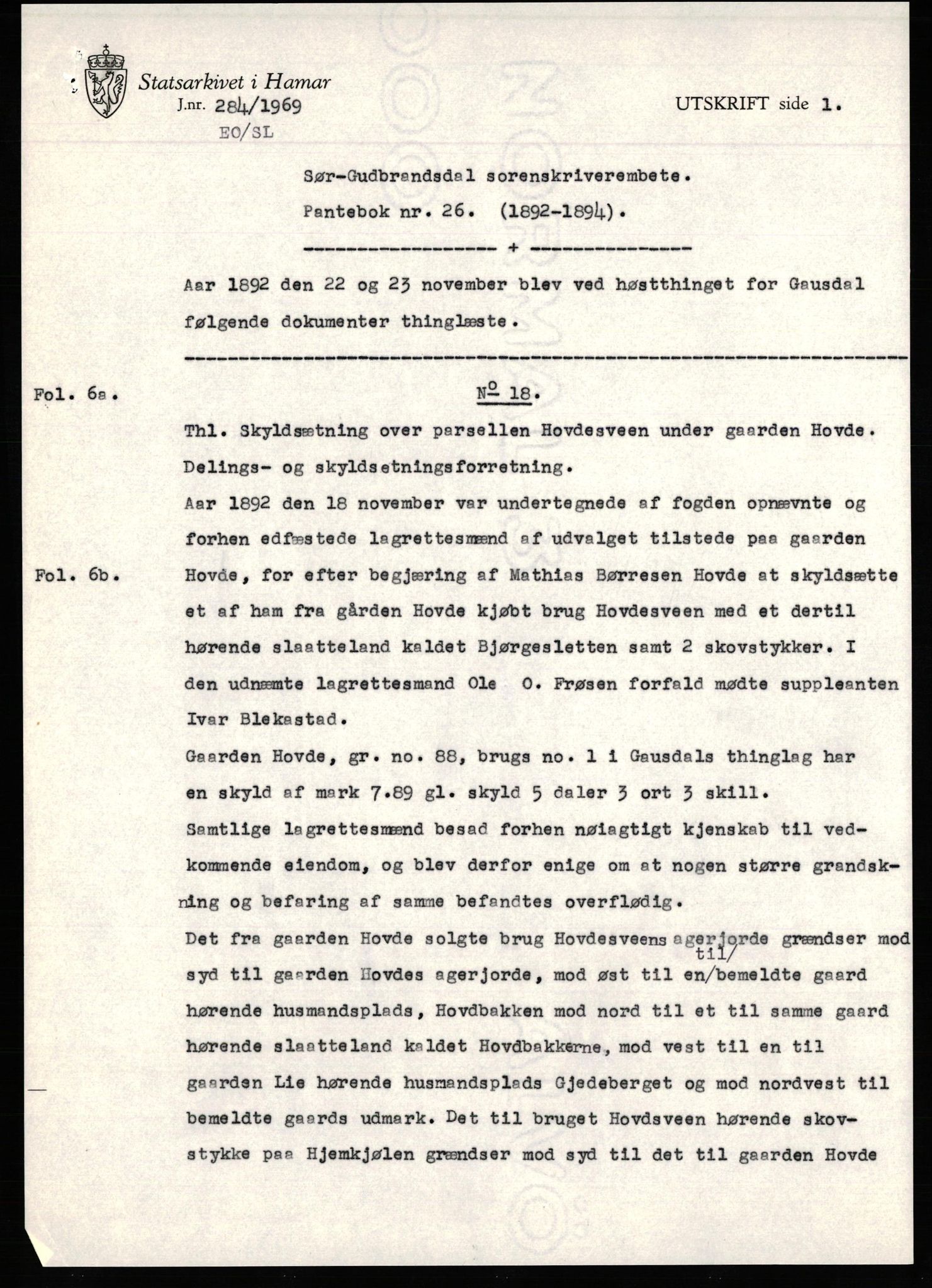 Avskriftssamlingen ved Statsarkivet i Hamar, AV/SAH-AVSKRIFT-001/H/Hc/Hca/Hcaa/L0020: Pantebok for Sør-Gudbrandsdal, 1892-1894