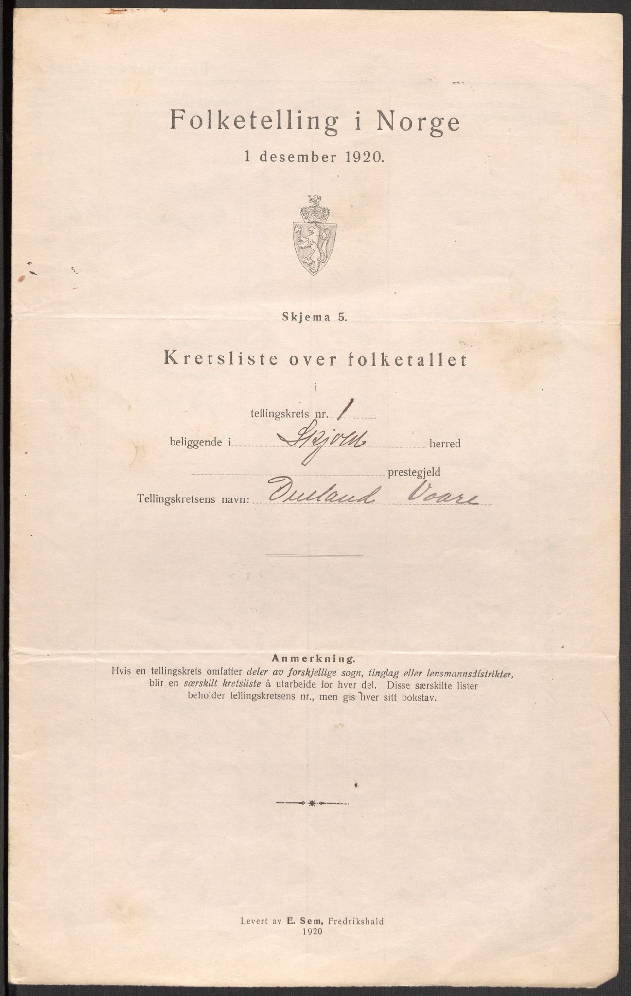 SAST, Folketelling 1920 for 1154 Skjold herred, 1920, s. 7