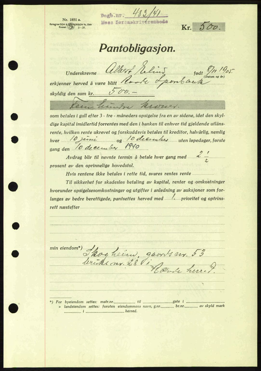Moss sorenskriveri, SAO/A-10168: Pantebok nr. B10, 1940-1941, Dagboknr: 483/1941