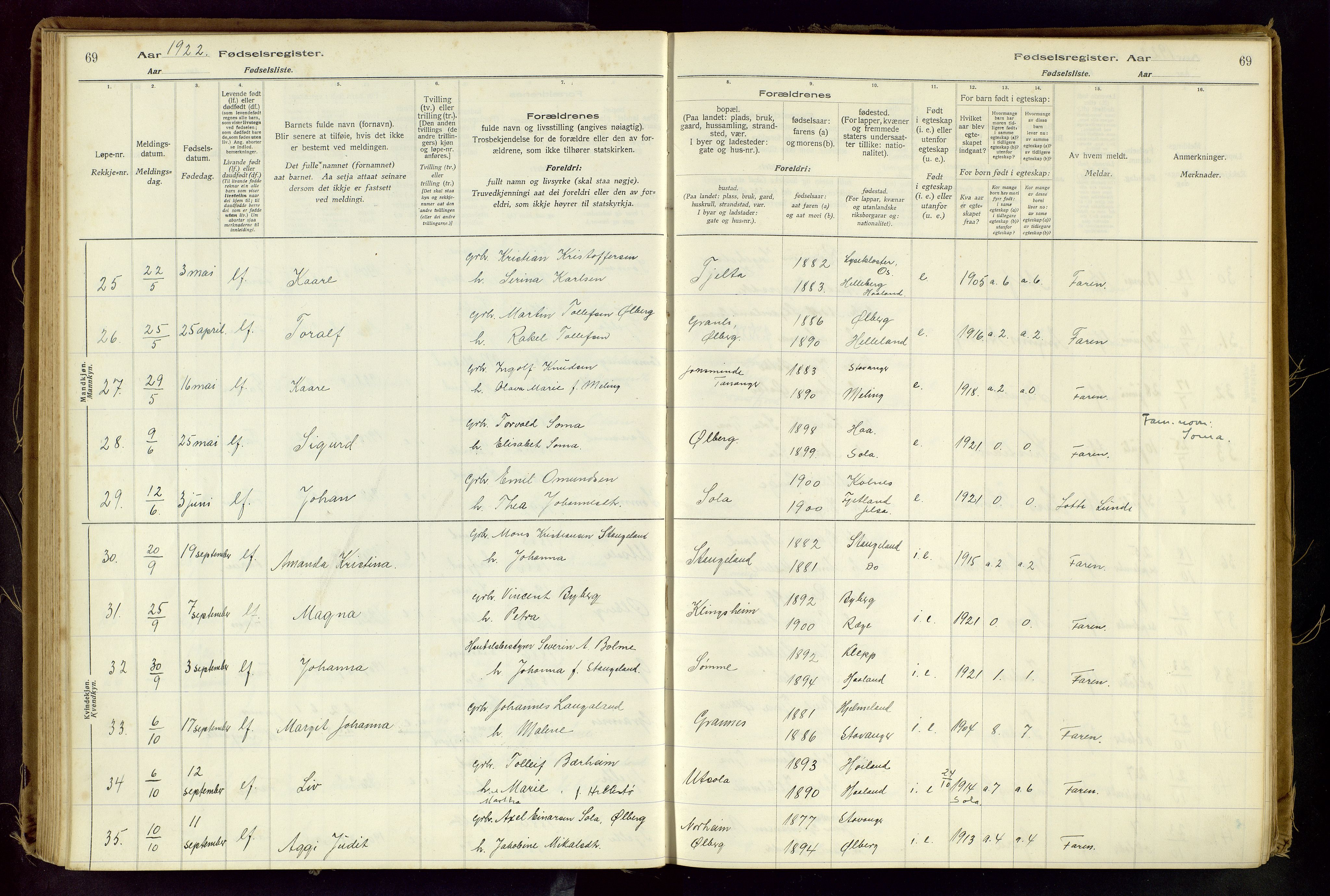 Håland sokneprestkontor, AV/SAST-A-101802/001/704BA/L0001: Fødselsregister nr. 1, 1916-1936, s. 69