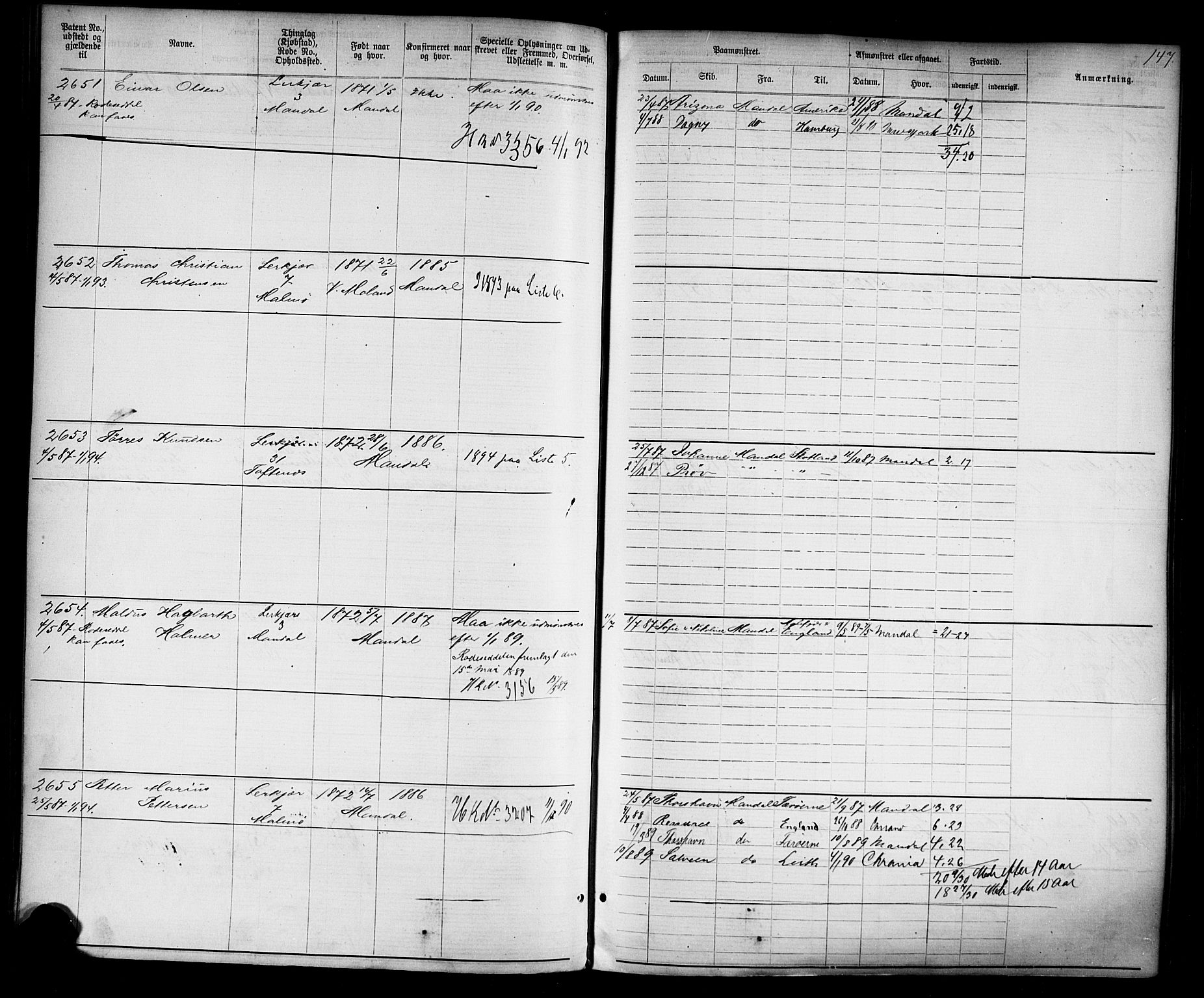 Mandal mønstringskrets, SAK/2031-0016/F/Fa/L0002: Annotasjonsrulle nr 1921-3830 med register, L-4, 1881-1901, s. 181