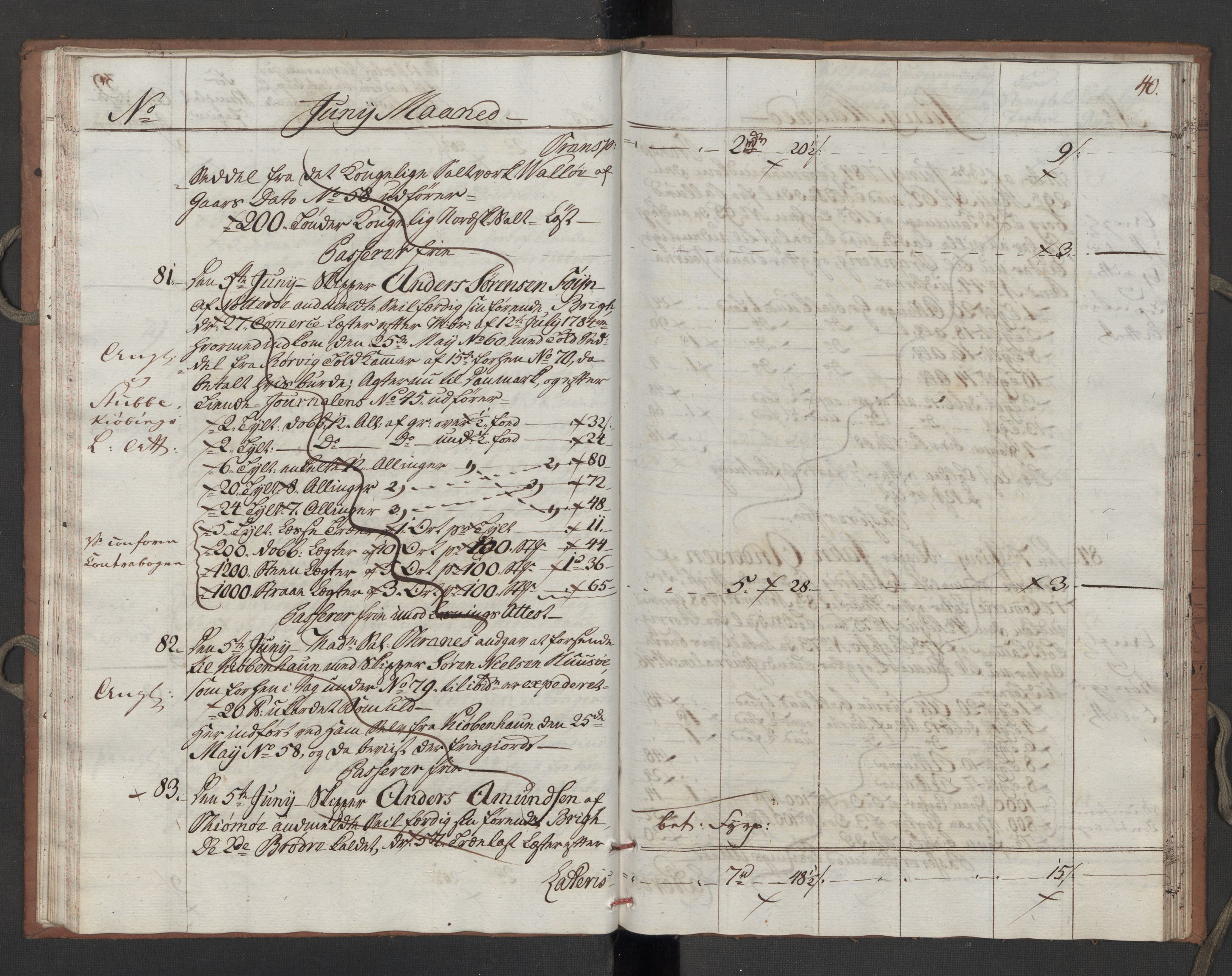 Generaltollkammeret, tollregnskaper, RA/EA-5490/R10/L0052/0002: Tollregnskaper Tønsberg / Utgående tollbok, 1790, s. 39b-40a