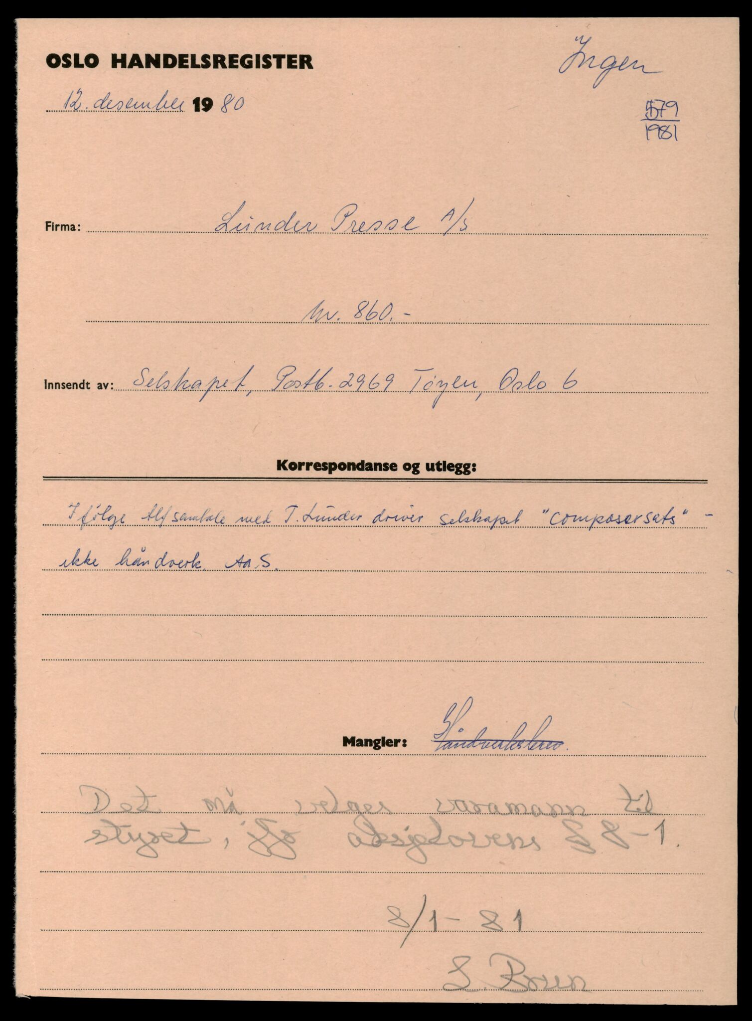 Oslo byfogd, Handelsregisteret, SAT/A-10867/G/Gc/Gca/L0485: Ikke konverterte foretak, Lunder-Lus, 1890-1990, s. 1