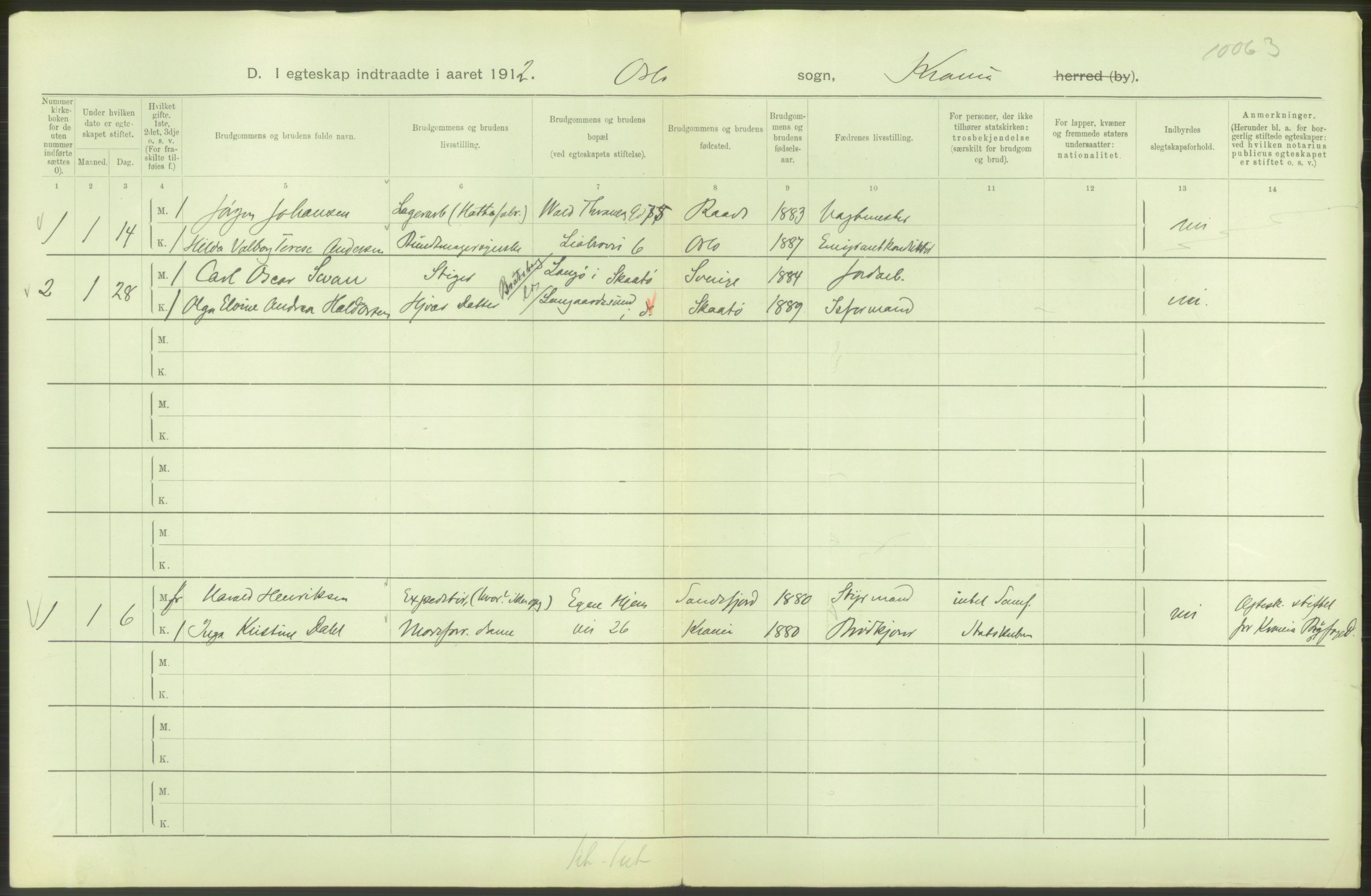 Statistisk sentralbyrå, Sosiodemografiske emner, Befolkning, AV/RA-S-2228/D/Df/Dfb/Dfbb/L0008: Kristiania: Gifte, 1912, s. 82