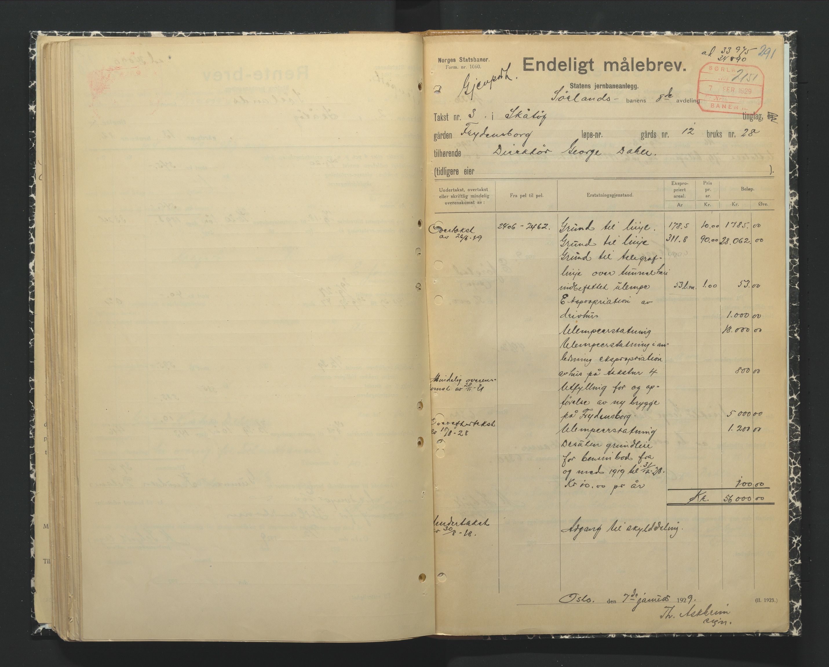 NSB Baneavdelingen, AV/SAK-1821-0004/F/Fc/Fch/L0249/0002: Grunnerstatninger, målebrev / Endelige måle- og rentebrev for Kragerølinja, 1928-1930