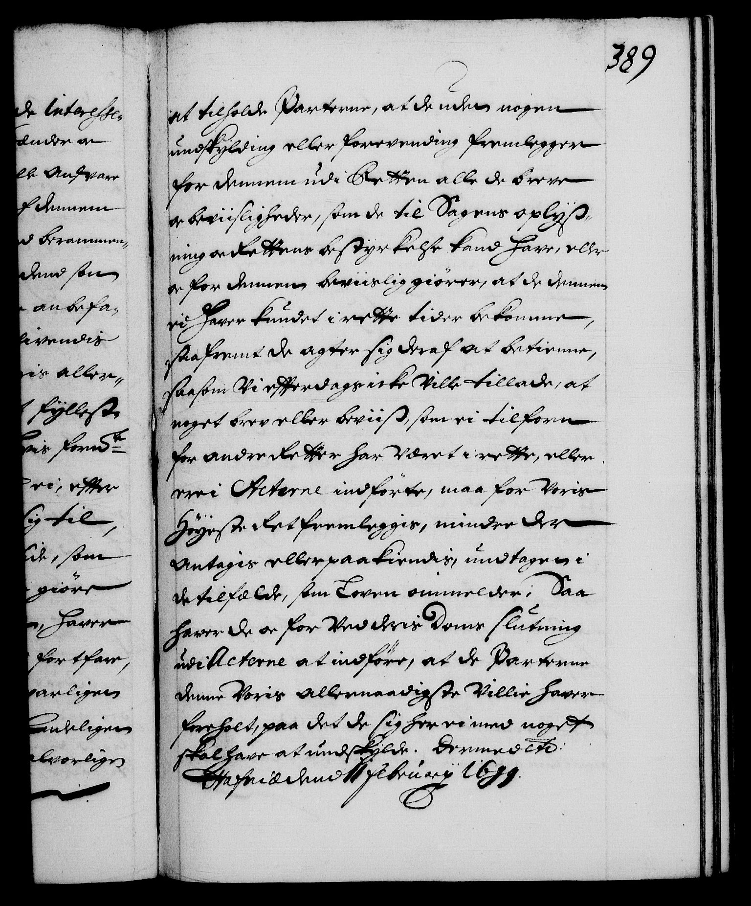 Danske Kanselli 1572-1799, AV/RA-EA-3023/F/Fc/Fca/Fcab/L0015: Norske tegnelser (mikrofilm), 1692-1699, s. 389a