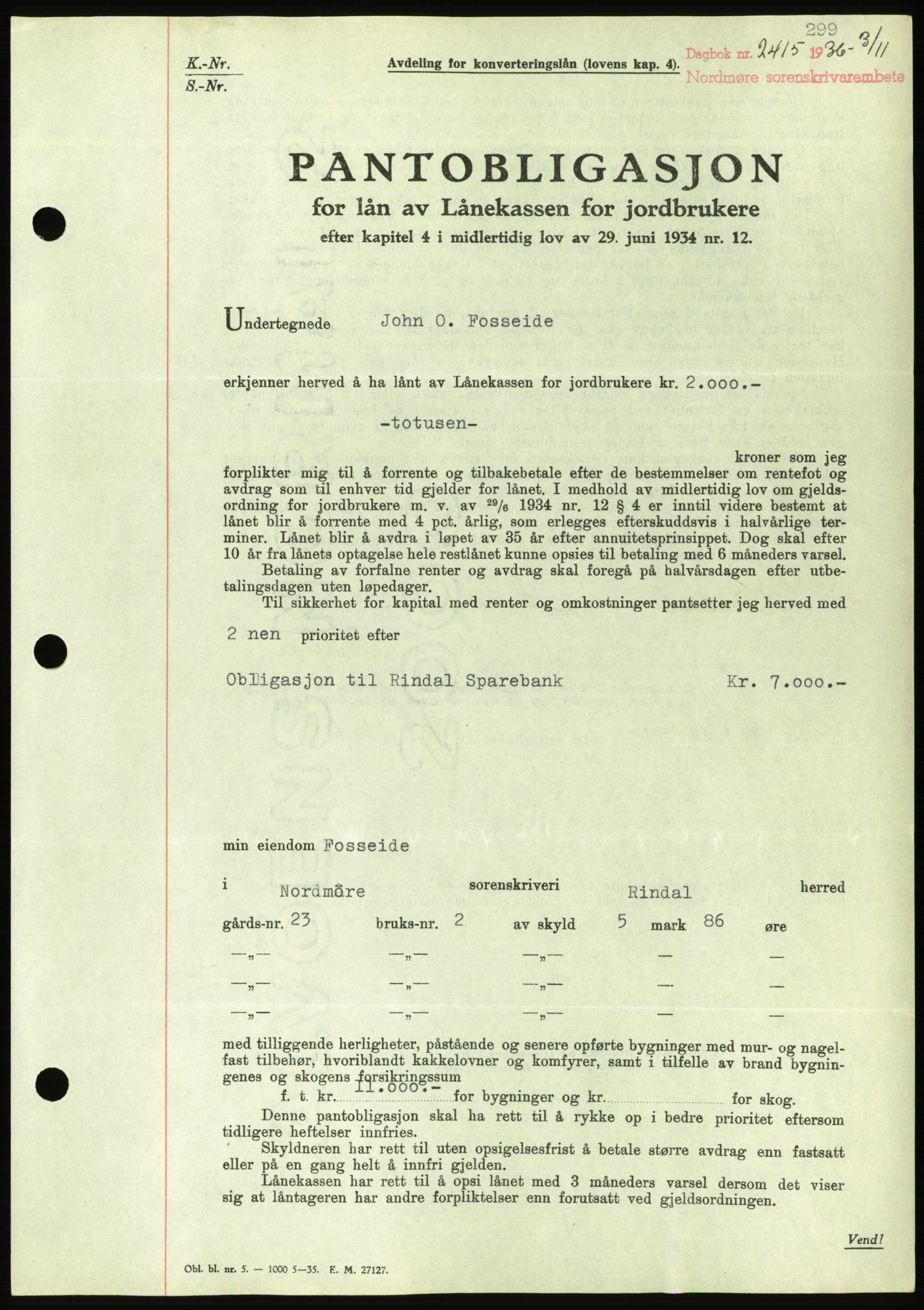 Nordmøre sorenskriveri, AV/SAT-A-4132/1/2/2Ca/L0090: Pantebok nr. B80, 1936-1937, Dagboknr: 2415/1936