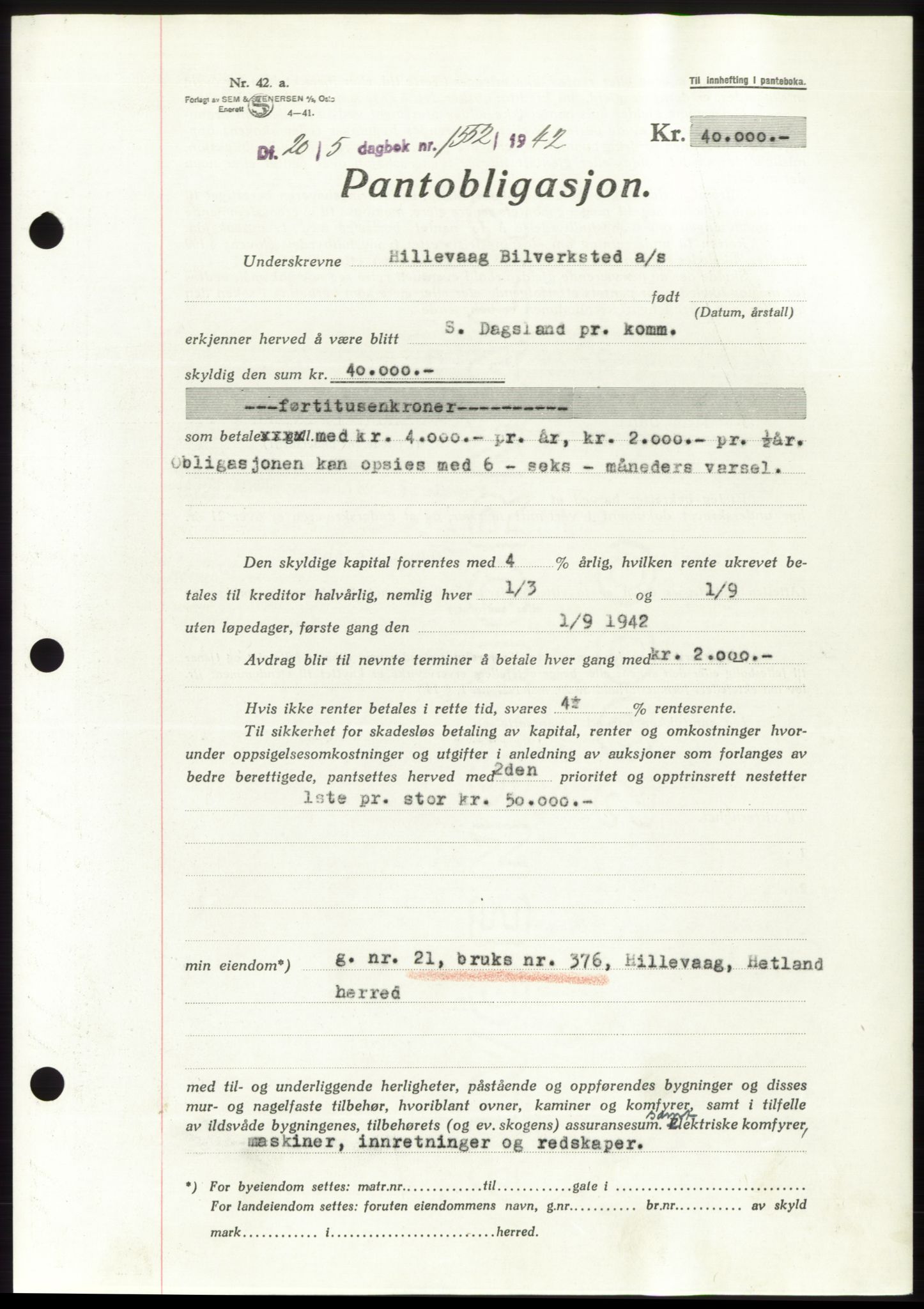 Jæren sorenskriveri, SAST/A-100310/03/G/Gba/L0082: Pantebok, 1942-1942, Dagboknr: 1552/1942