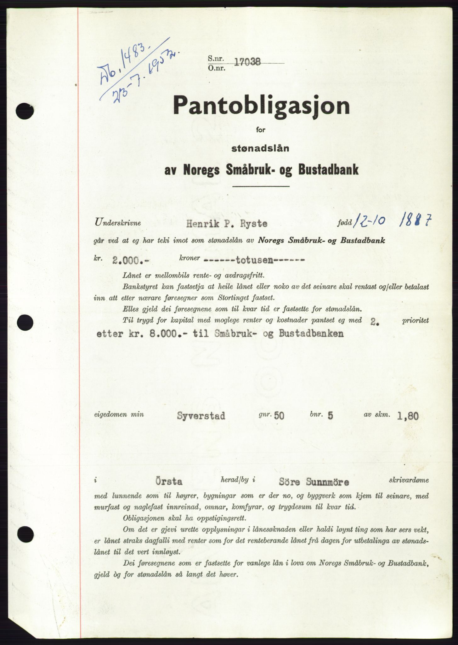 Søre Sunnmøre sorenskriveri, AV/SAT-A-4122/1/2/2C/L0121: Pantebok nr. 9B, 1951-1952, Dagboknr: 1483/1952
