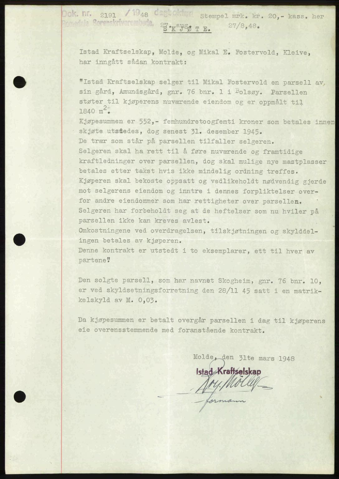 Romsdal sorenskriveri, SAT/A-4149/1/2/2C: Pantebok nr. A27, 1948-1948, Dagboknr: 2191/1948