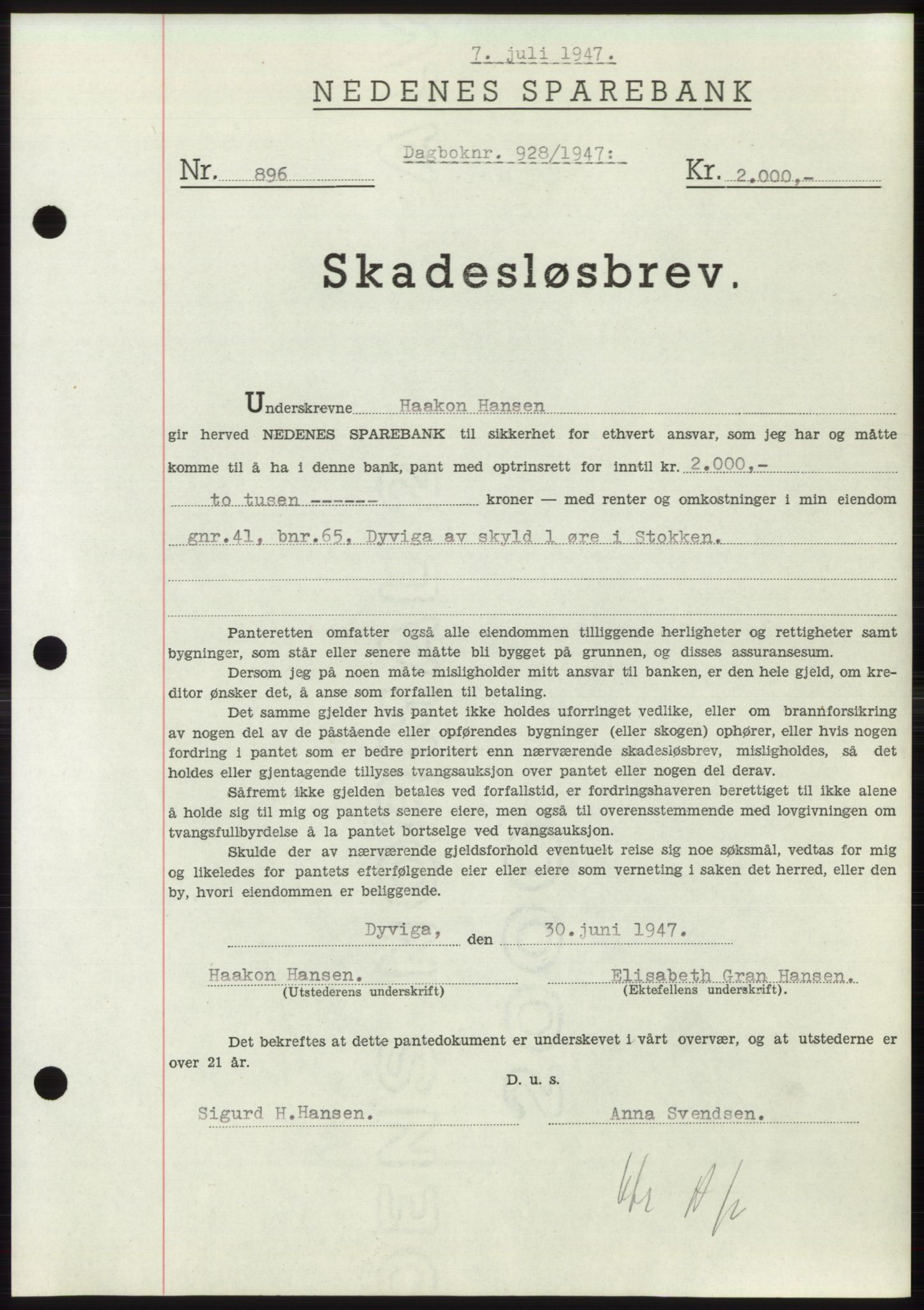 Nedenes sorenskriveri, SAK/1221-0006/G/Gb/Gbb/L0004: Pantebok nr. B4, 1947-1947, Dagboknr: 928/1947