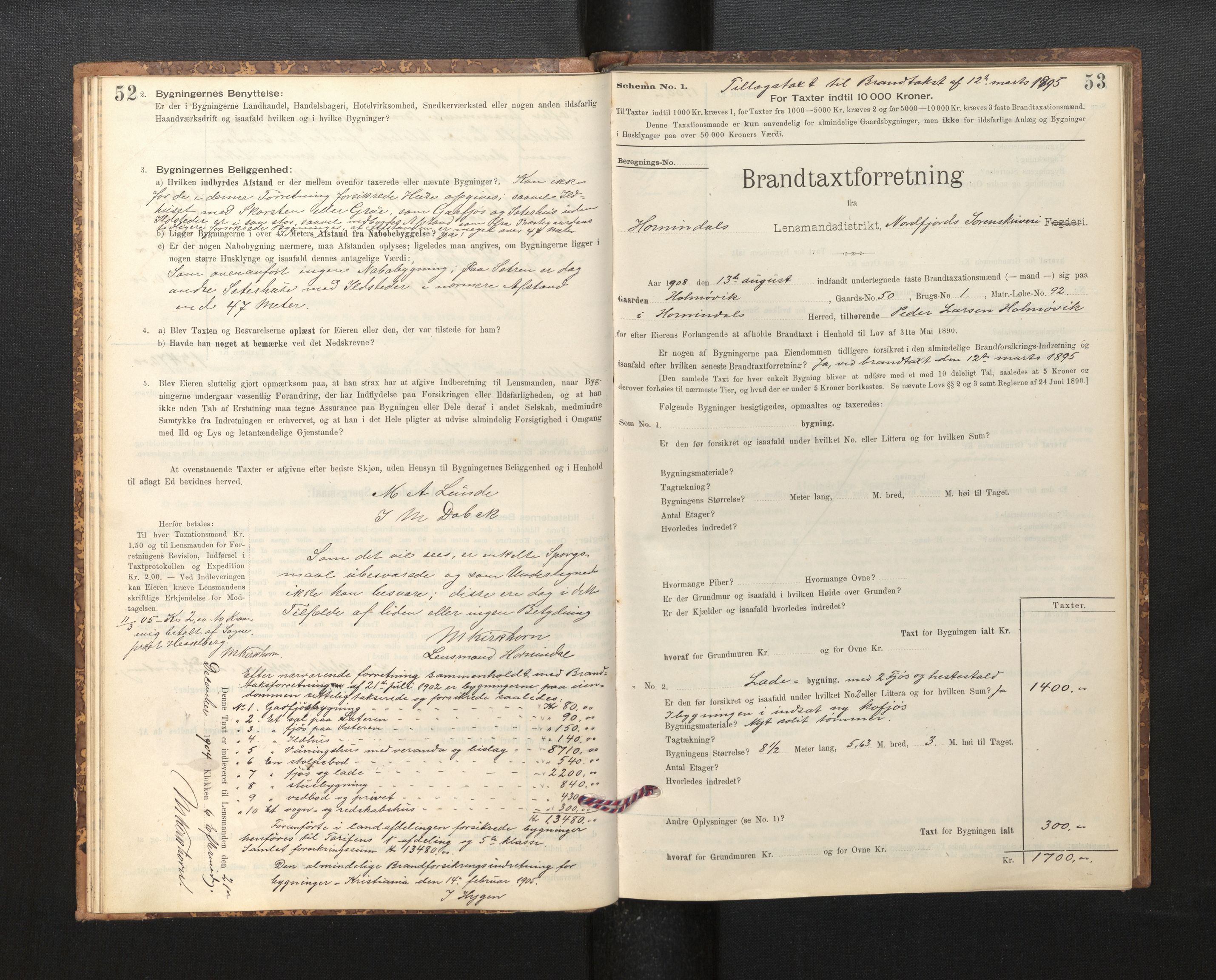 Lensmannen i Hornindal, SAB/A-28201/0012/L0001: Branntakstprotokoll, skjematakst, 1895-1951, s. 52-53