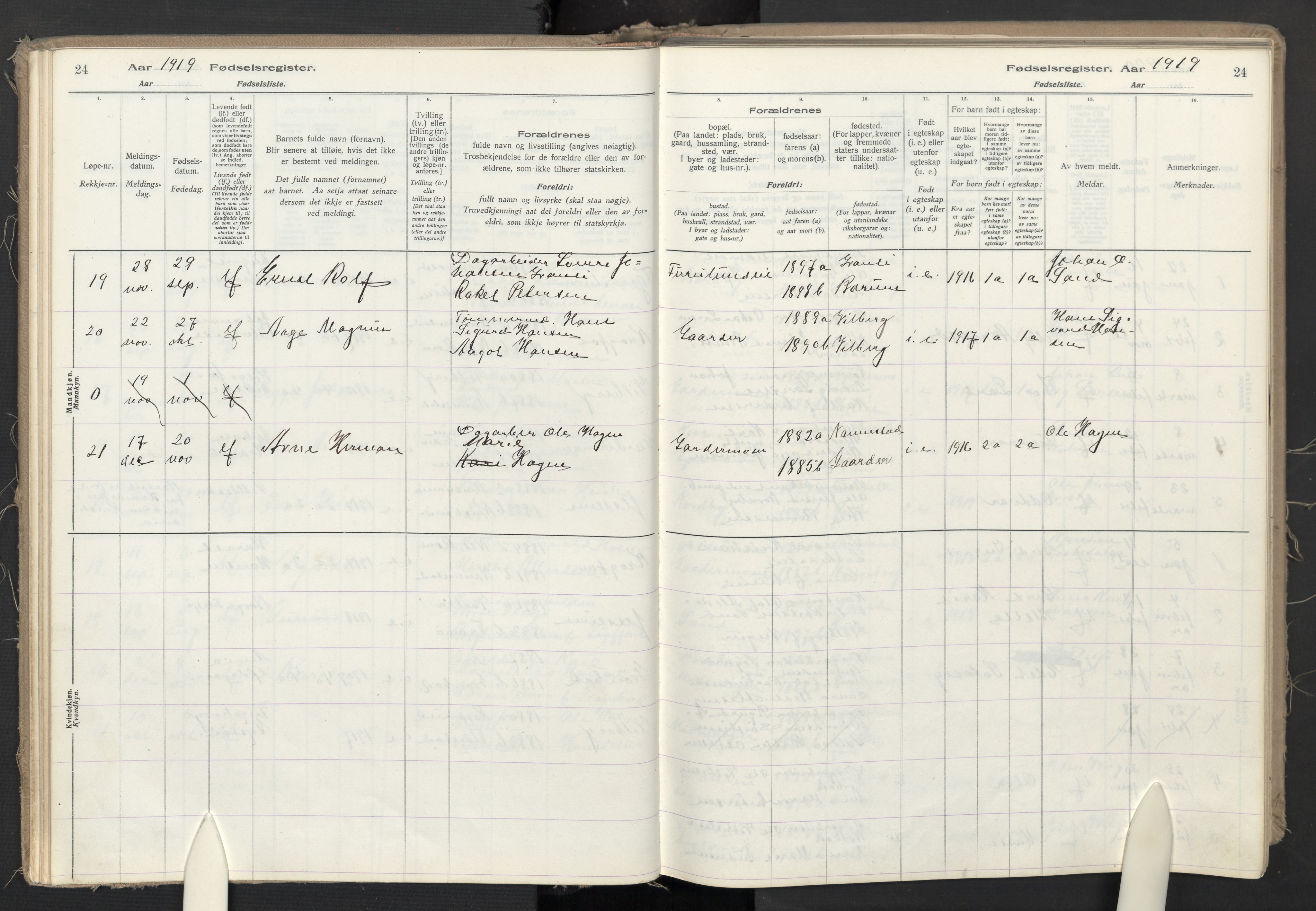 Ullensaker prestekontor Kirkebøker, AV/SAO-A-10236a/J/Jb/L0001: Fødselsregister nr. II 1, 1916-1946, s. 24