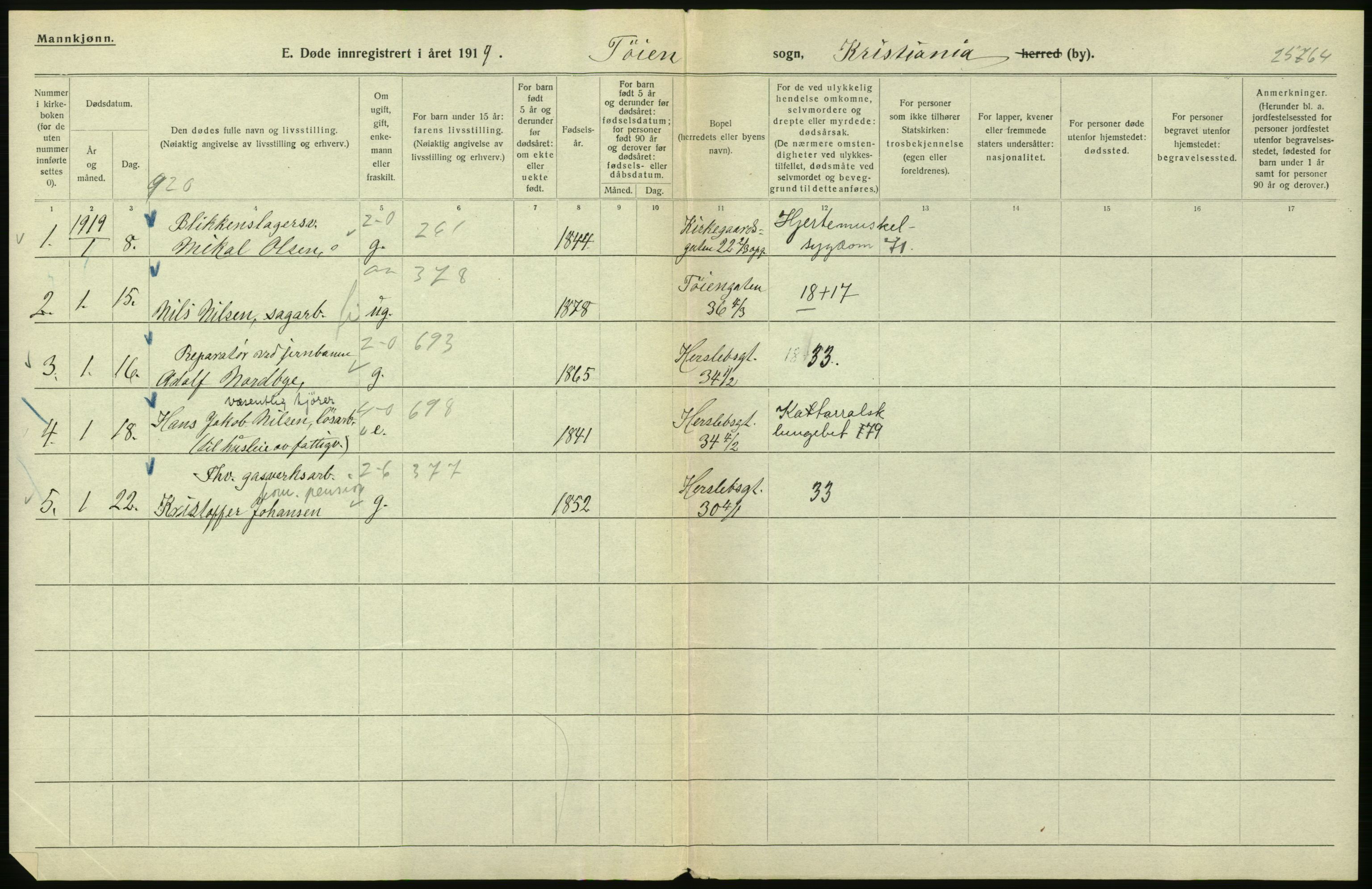 Statistisk sentralbyrå, Sosiodemografiske emner, Befolkning, RA/S-2228/D/Df/Dfb/Dfbi/L0010: Kristiania: Døde, 1919, s. 468