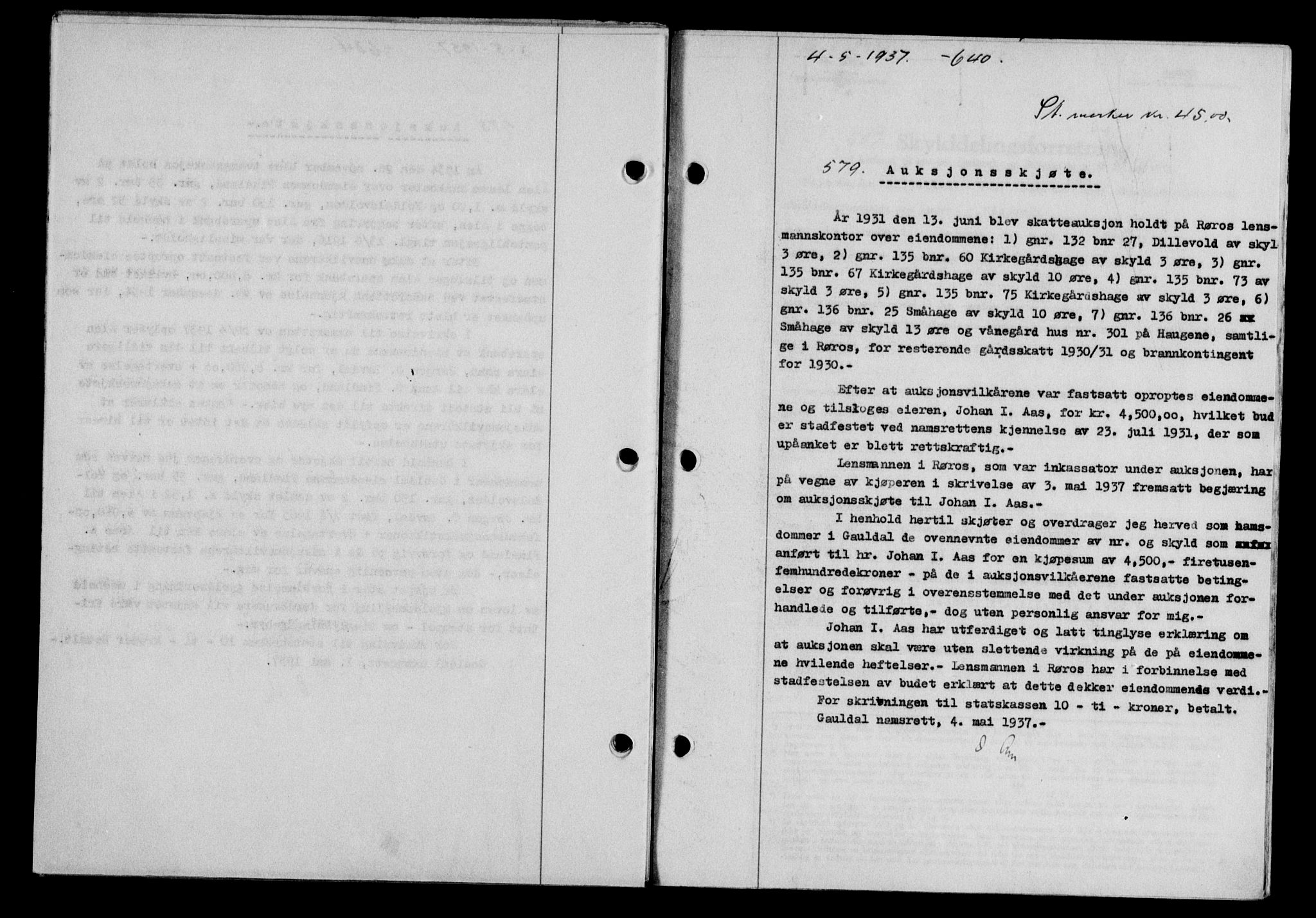 Gauldal sorenskriveri, SAT/A-0014/1/2/2C/L0047: Pantebok nr. 50-51, 1937-1937, Dagboknr: 579/1937