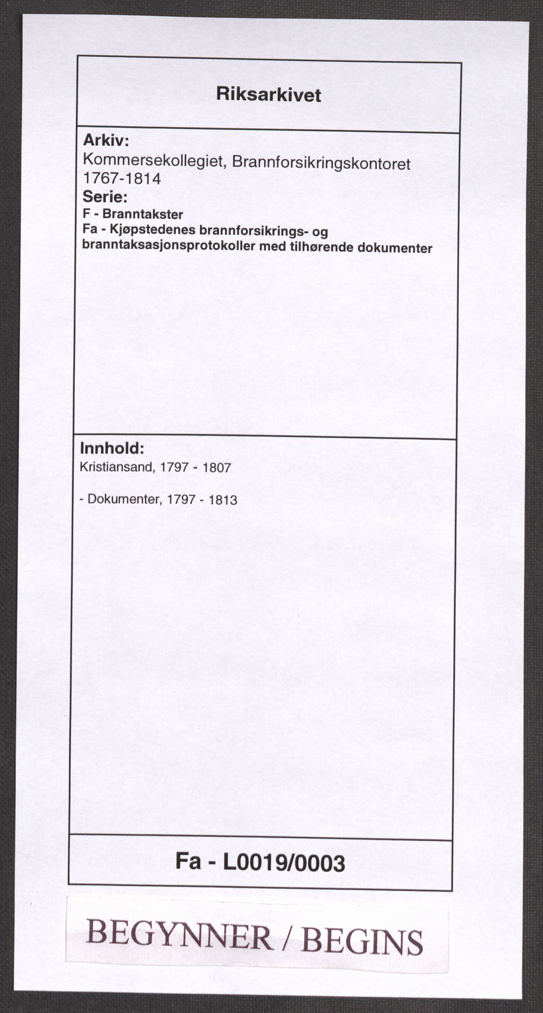 Kommersekollegiet, Brannforsikringskontoret 1767-1814, AV/RA-EA-5458/F/Fa/L0019/0003: Kristiansand / Dokumenter, 1797-1813