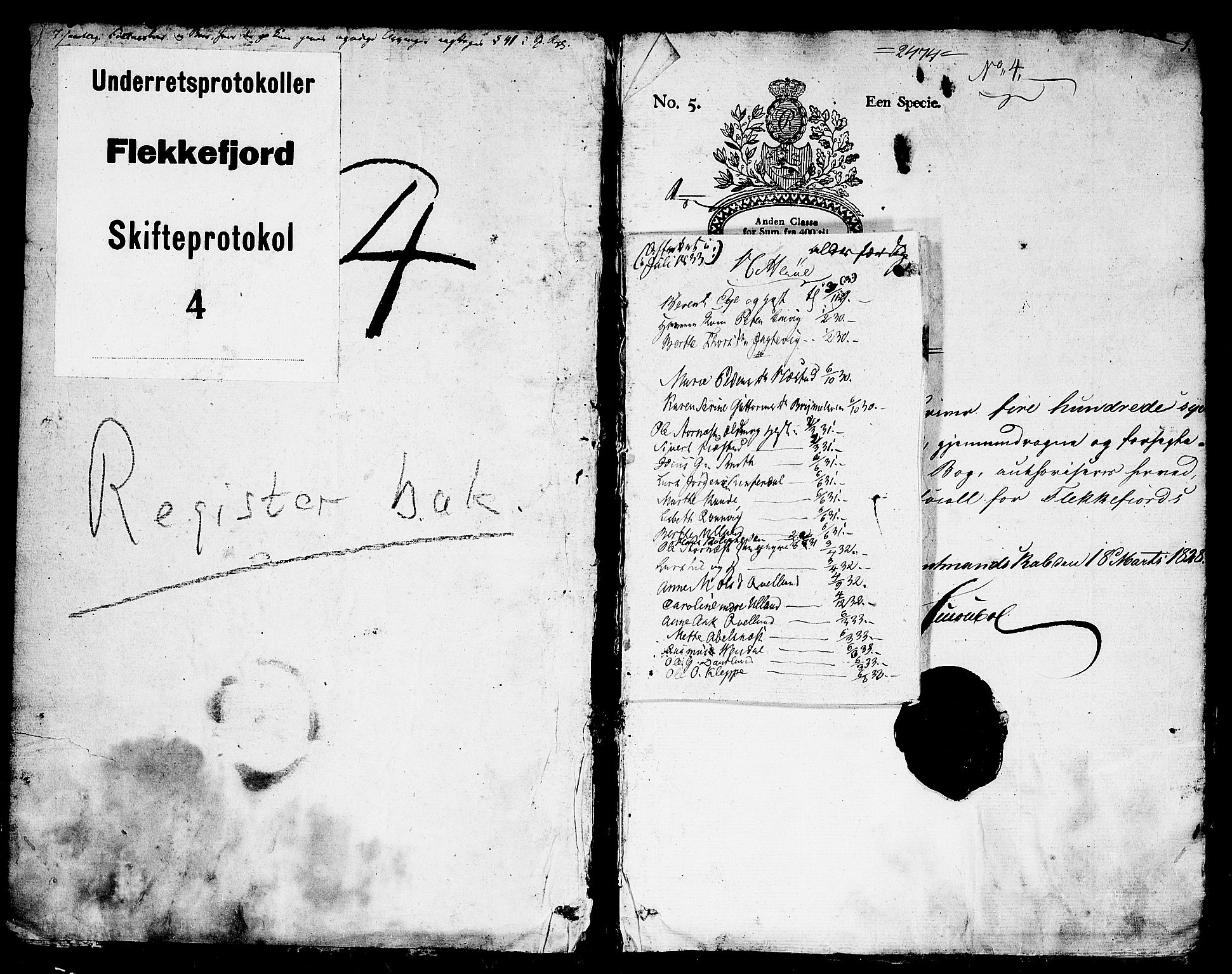 Flekkefjord sorenskriveri, SAK/1221-0001/H/Hc/L0010: Skifteprotokoll nr. 4, med gårdsnavn- og personnavnregister, 1828-1835