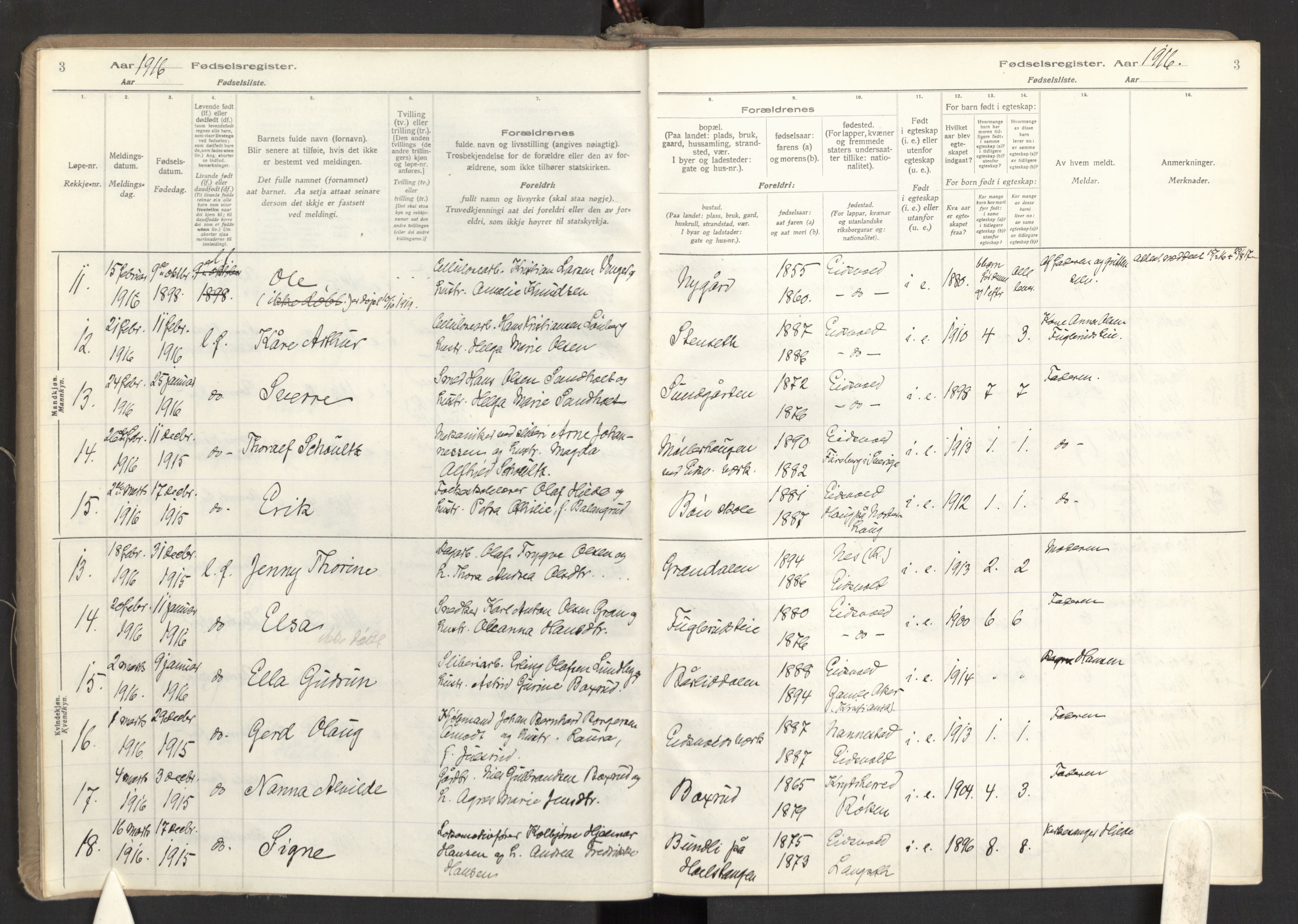 Eidsvoll prestekontor Kirkebøker, AV/SAO-A-10888/J/Ja/L0001: Fødselsregister nr. I 1, 1916-1924, s. 3