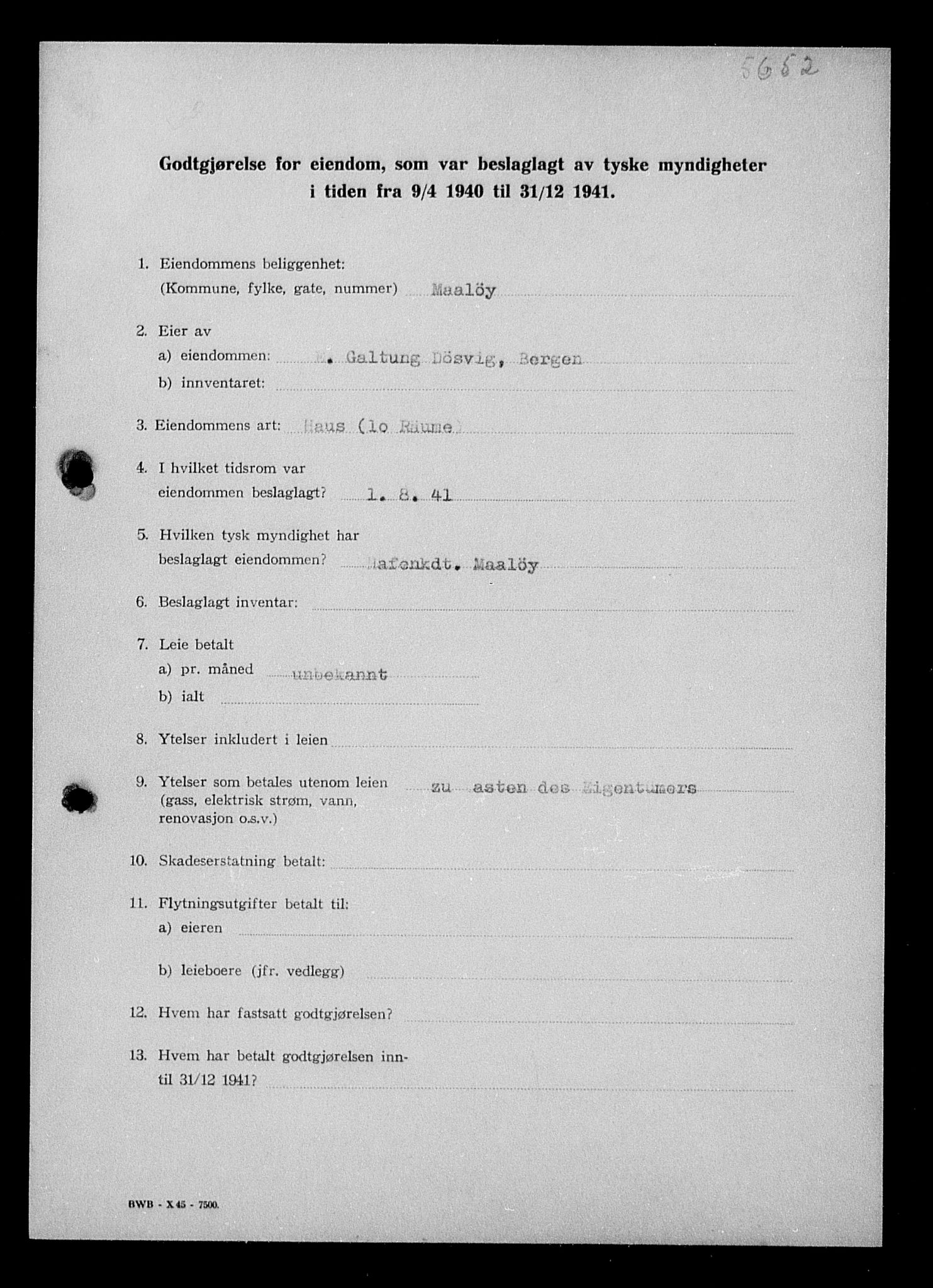 Justisdepartementet, Tilbakeføringskontoret for inndratte formuer, AV/RA-S-1564/I/L1017: Godtgjørelse for beslaglagt eiendom, 1940-1941, s. 26
