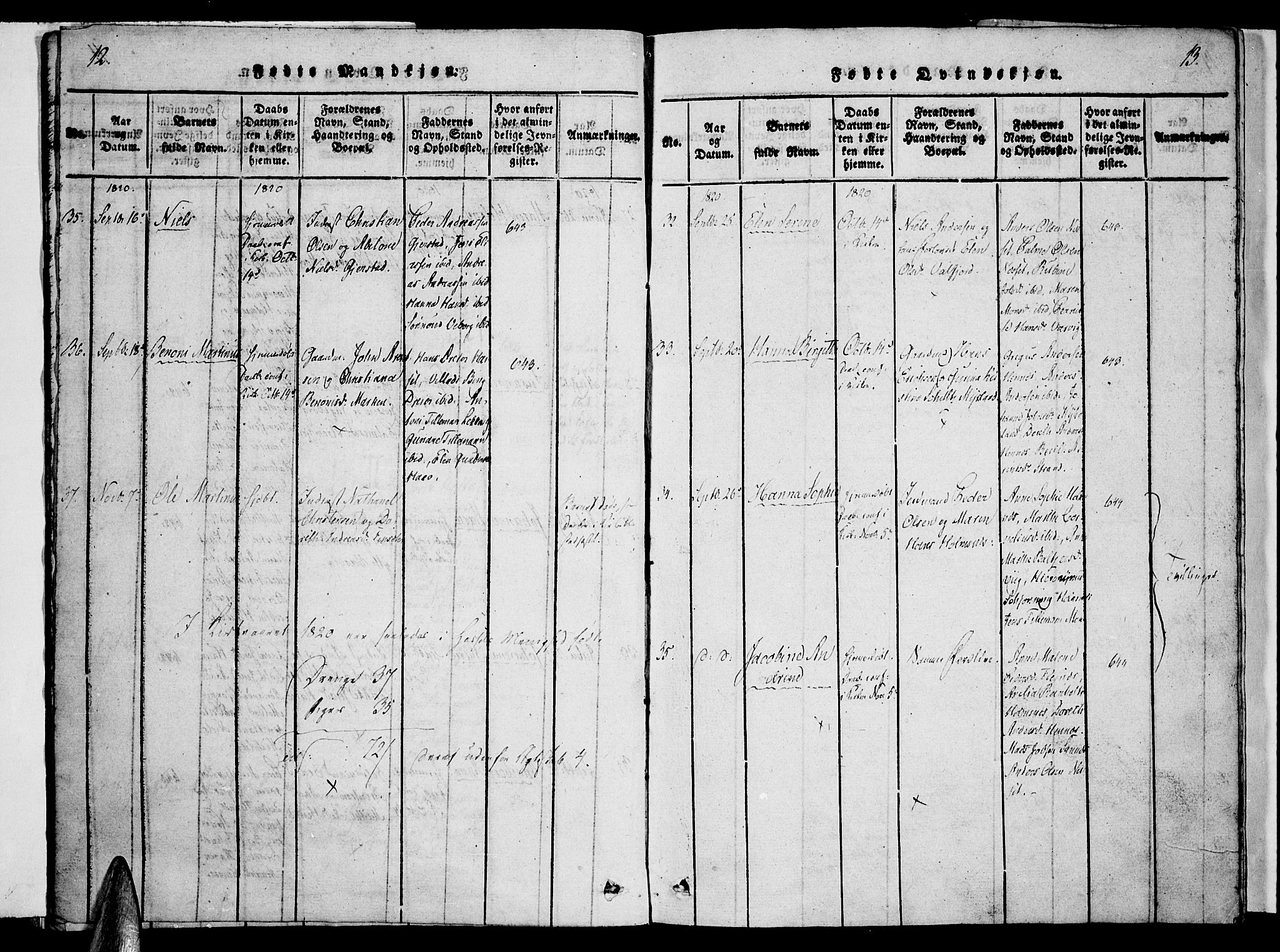Ministerialprotokoller, klokkerbøker og fødselsregistre - Nordland, AV/SAT-A-1459/888/L1237: Ministerialbok nr. 888A05 /1, 1820-1836, s. 12-13