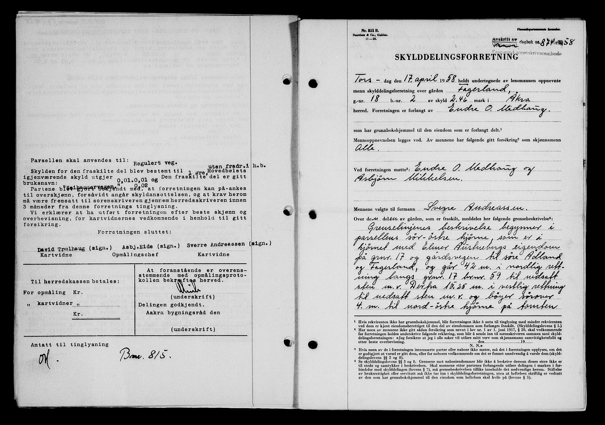 Karmsund sorenskriveri, SAST/A-100311/01/II/IIB/L0128: Pantebok nr. 108A, 1958-1958, Dagboknr: 874/1958