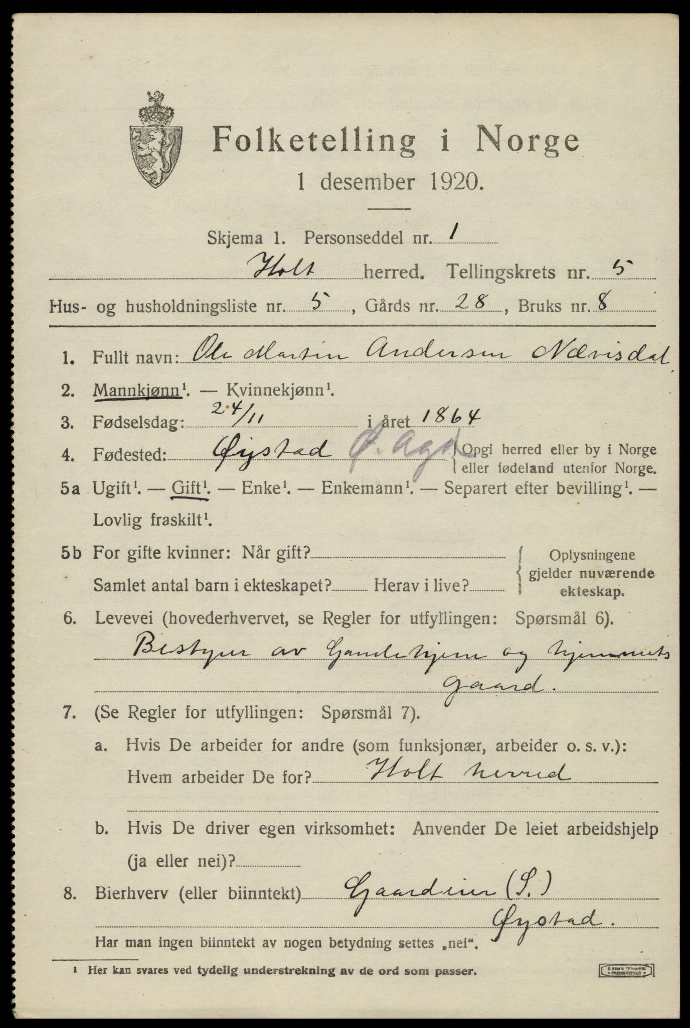 SAK, Folketelling 1920 for 0914 Holt herred, 1920, s. 3466