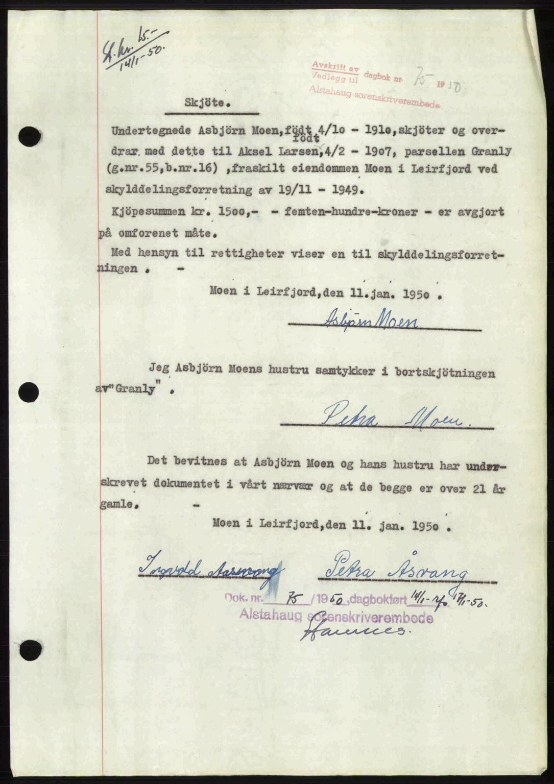 Alstahaug sorenskriveri, SAT/A-1009: Pantebok nr. A3, 1950-1950, Dagboknr: 75/1950