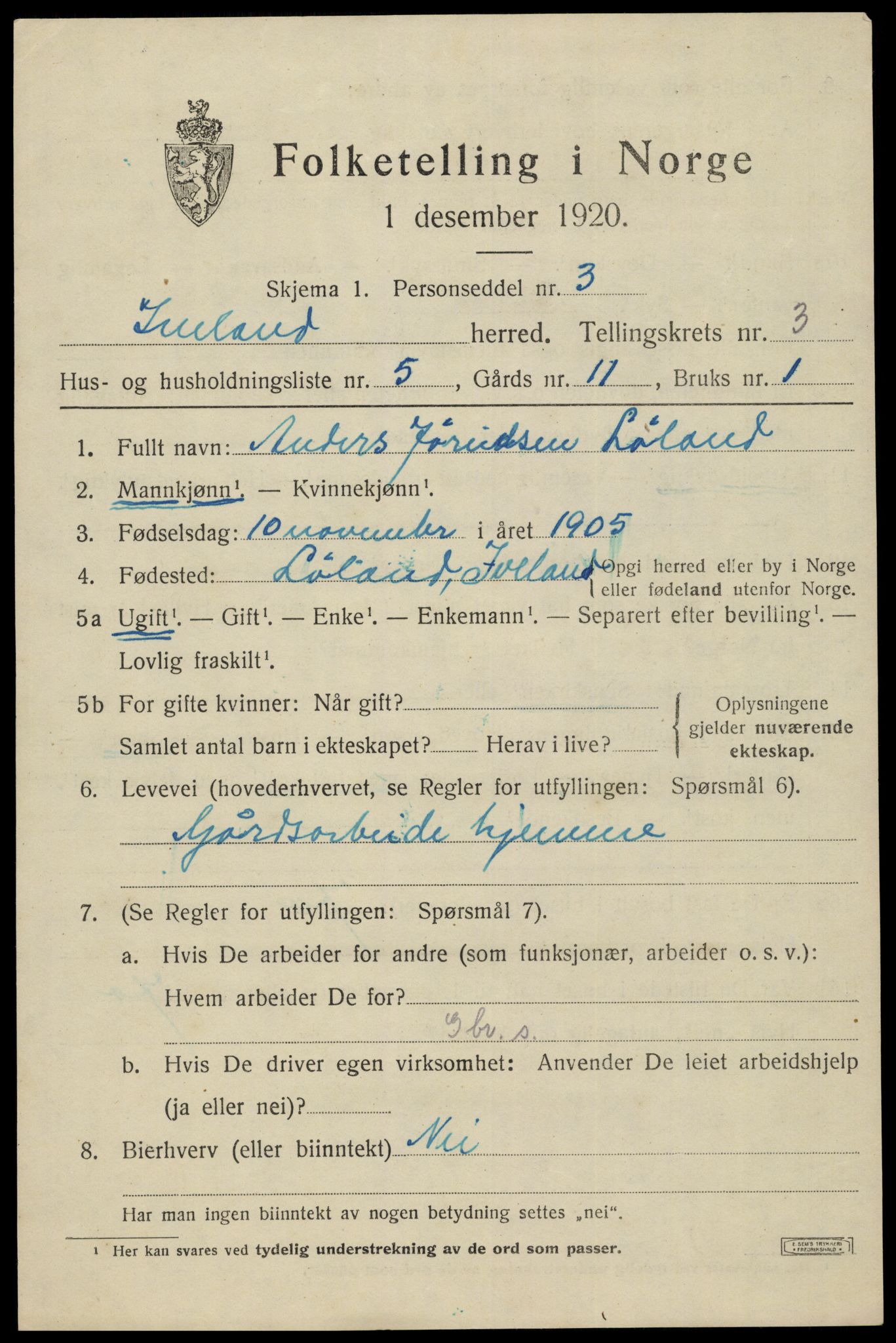 SAK, Folketelling 1920 for 0935 Iveland herred, 1920, s. 971
