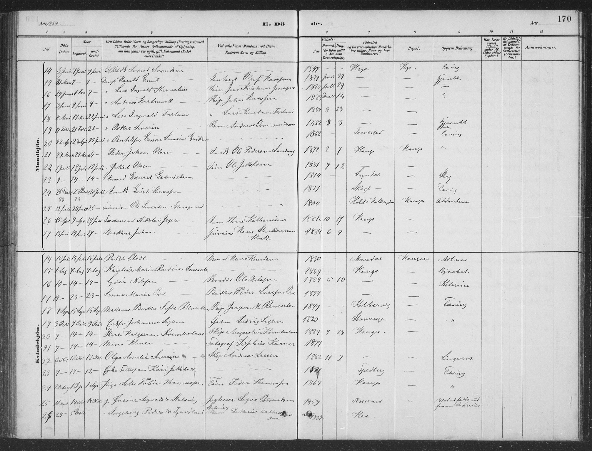 Haugesund sokneprestkontor, AV/SAST-A -101863/H/Ha/Hab/L0002: Klokkerbok nr. B 2, 1881-1894, s. 170