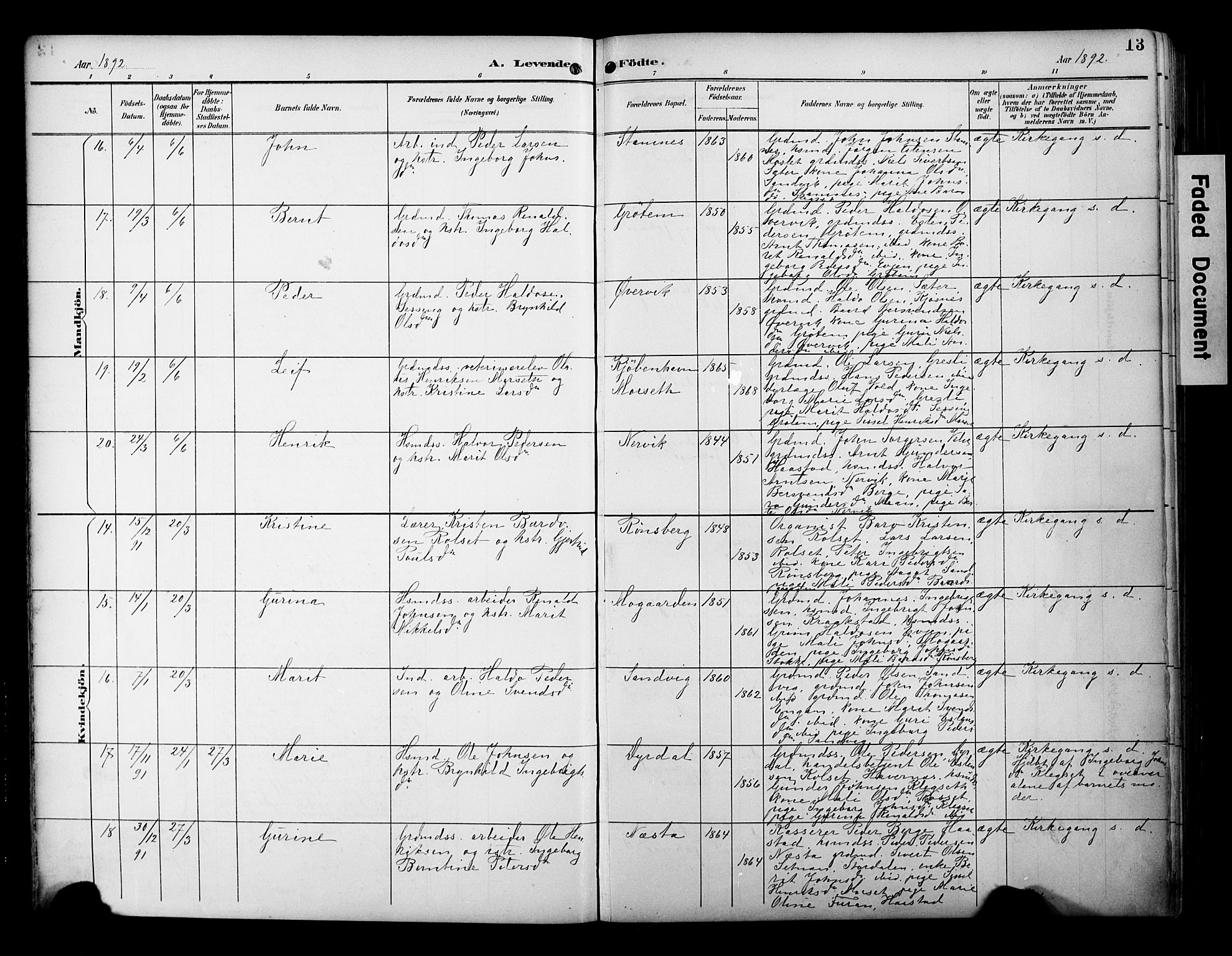 Ministerialprotokoller, klokkerbøker og fødselsregistre - Sør-Trøndelag, AV/SAT-A-1456/695/L1149: Ministerialbok nr. 695A09, 1891-1902, s. 13