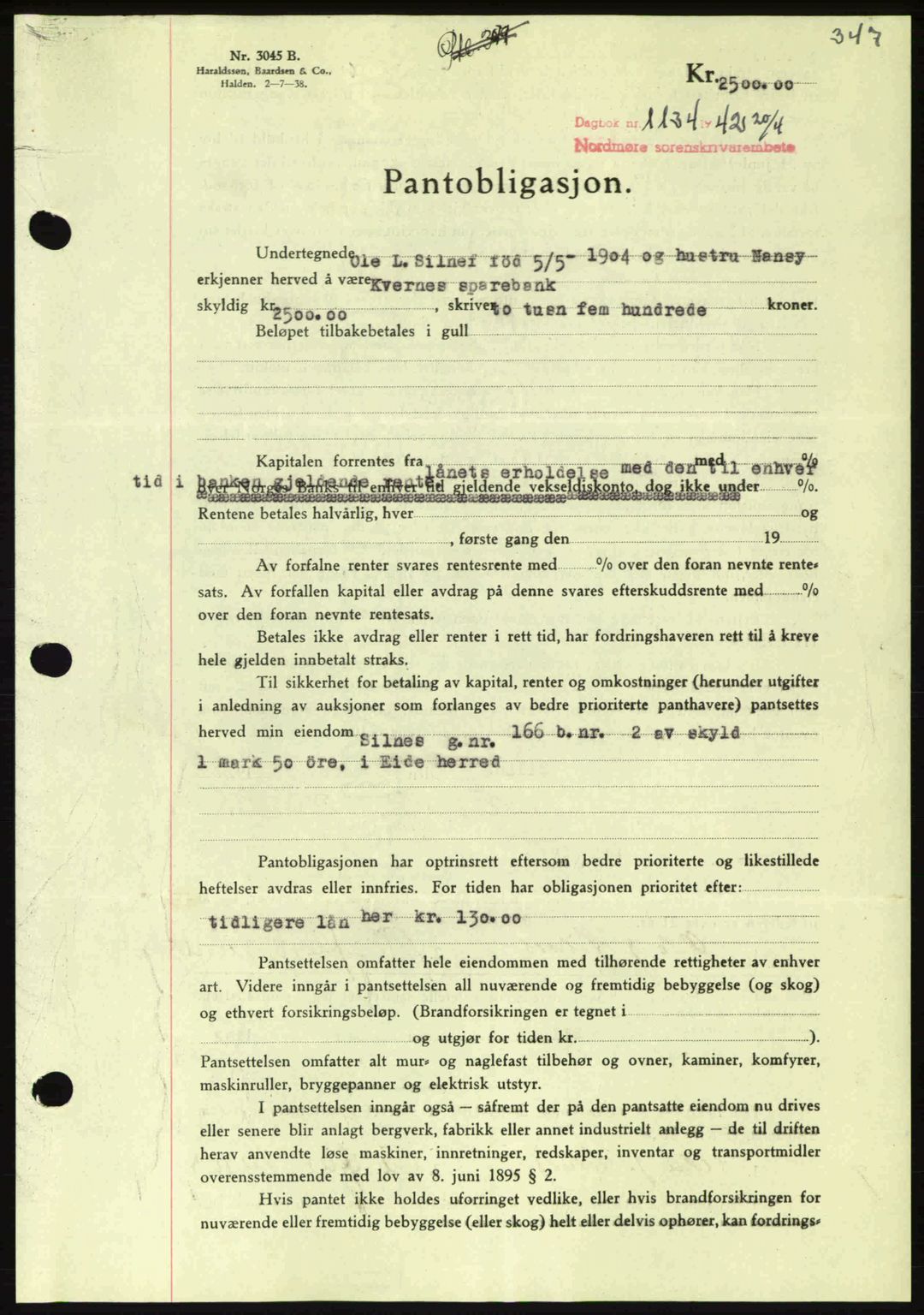 Nordmøre sorenskriveri, AV/SAT-A-4132/1/2/2Ca: Pantebok nr. B89, 1942-1942, Dagboknr: 1134/1942