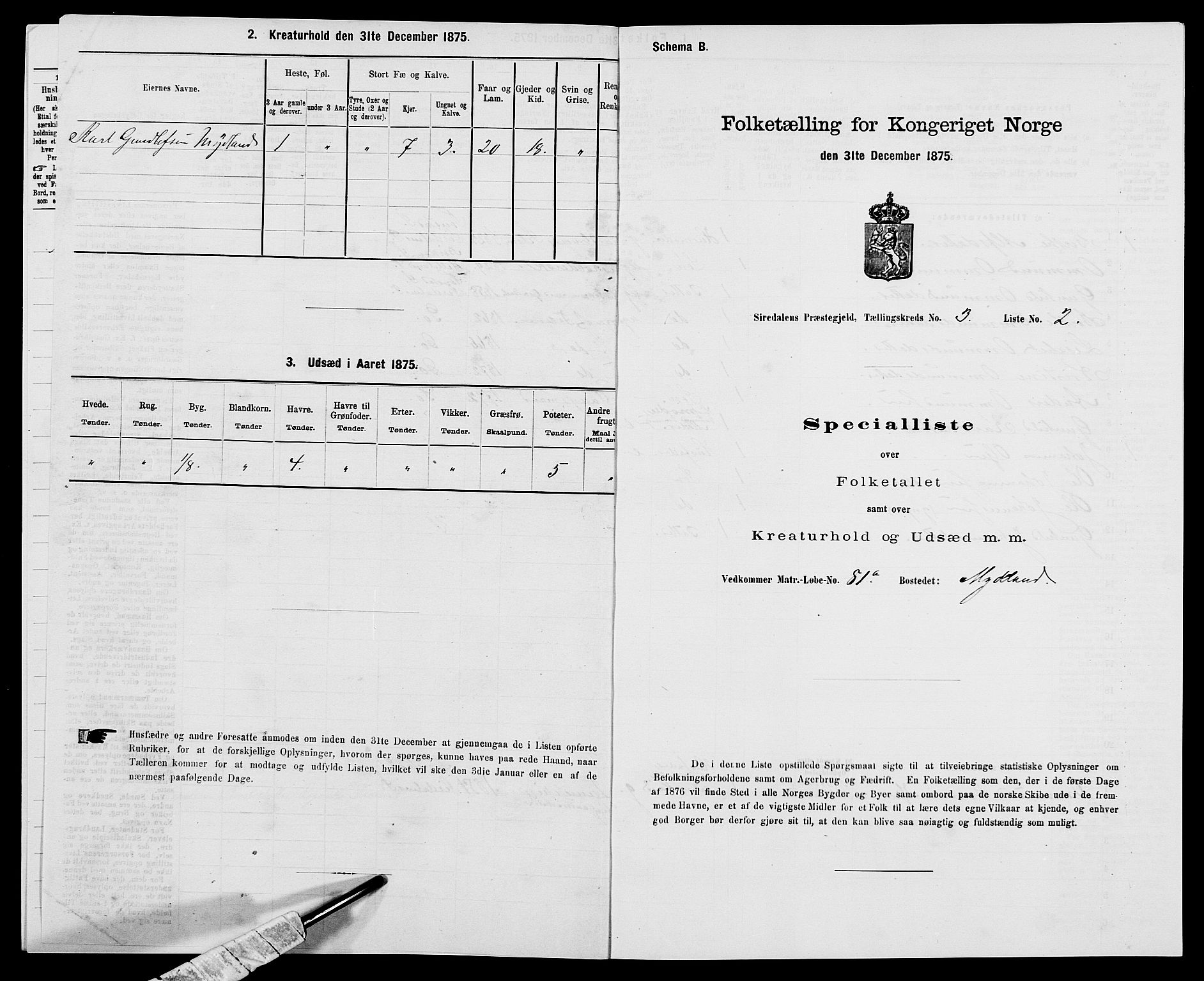 SAK, Folketelling 1875 for 1046P Sirdal prestegjeld, 1875, s. 278