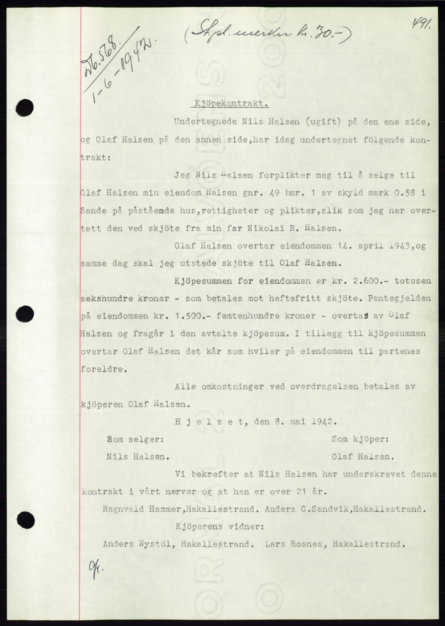 Søre Sunnmøre sorenskriveri, AV/SAT-A-4122/1/2/2C/L0073: Pantebok nr. 67, 1941-1942, Dagboknr: 568/1942