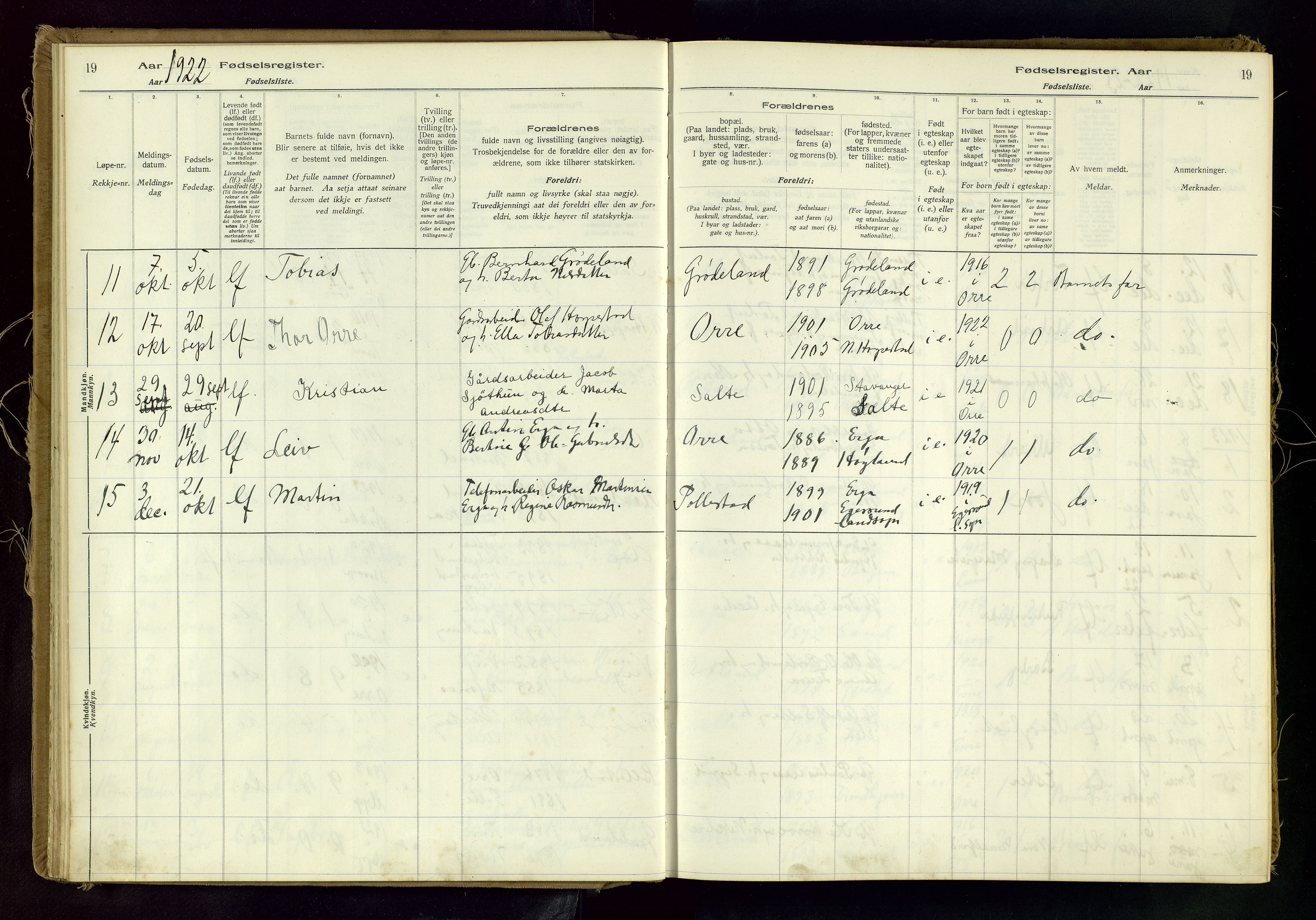 Klepp sokneprestkontor, AV/SAST-A-101803/001/704BAC/L0001: Fødselsregister nr. 1, 1916-1982, s. 19