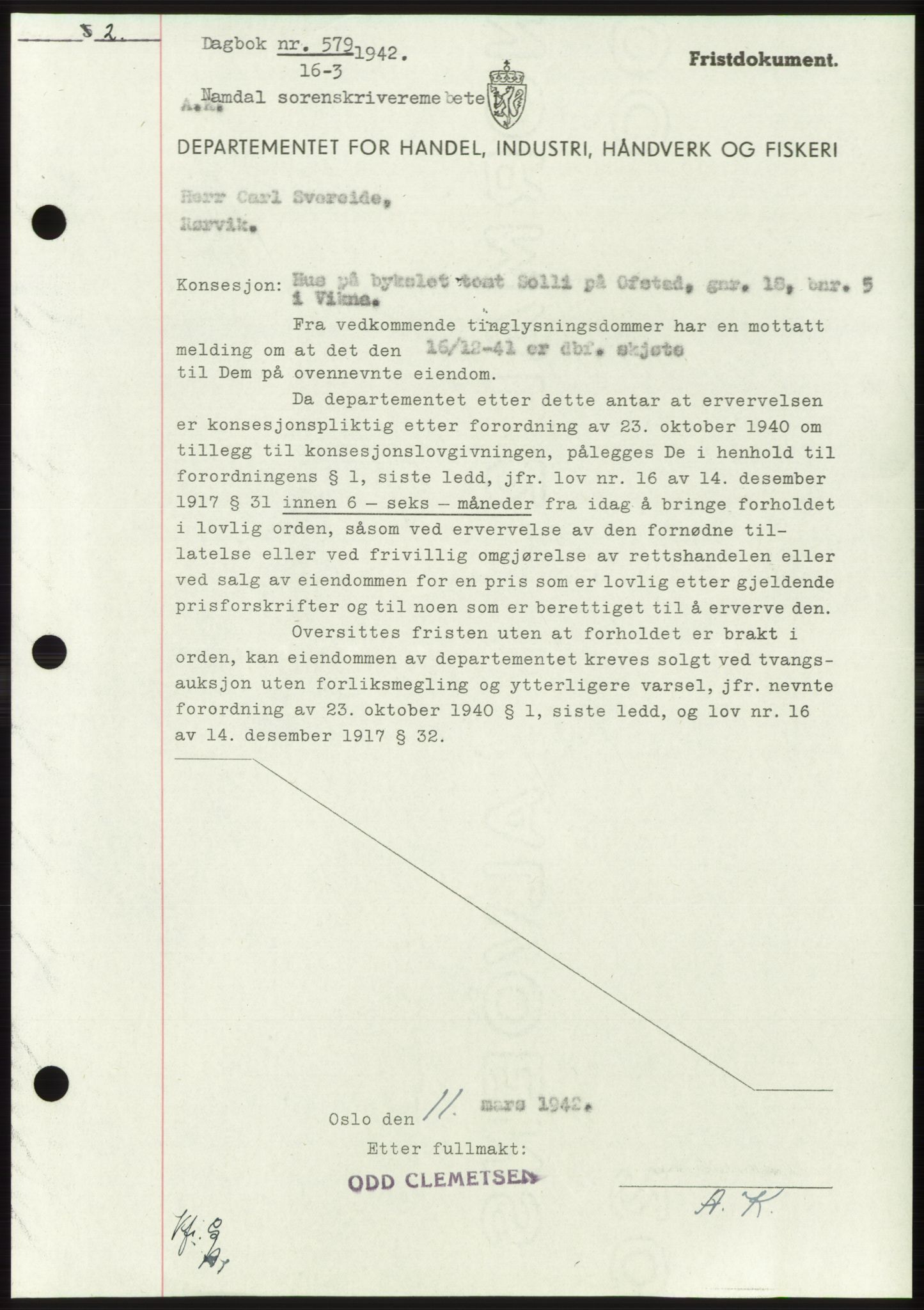 Namdal sorenskriveri, SAT/A-4133/1/2/2C: Pantebok nr. -, 1941-1942, Dagboknr: 579/1942