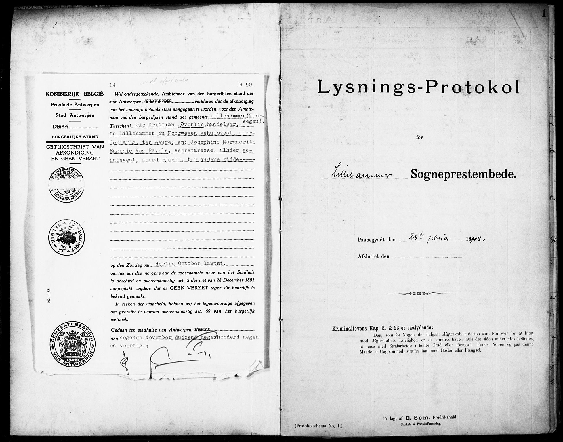 Lillehammer prestekontor, SAH/PREST-088/I/Ie: Lysningsprotokoll nr. 1, 1903-1932, s. 1