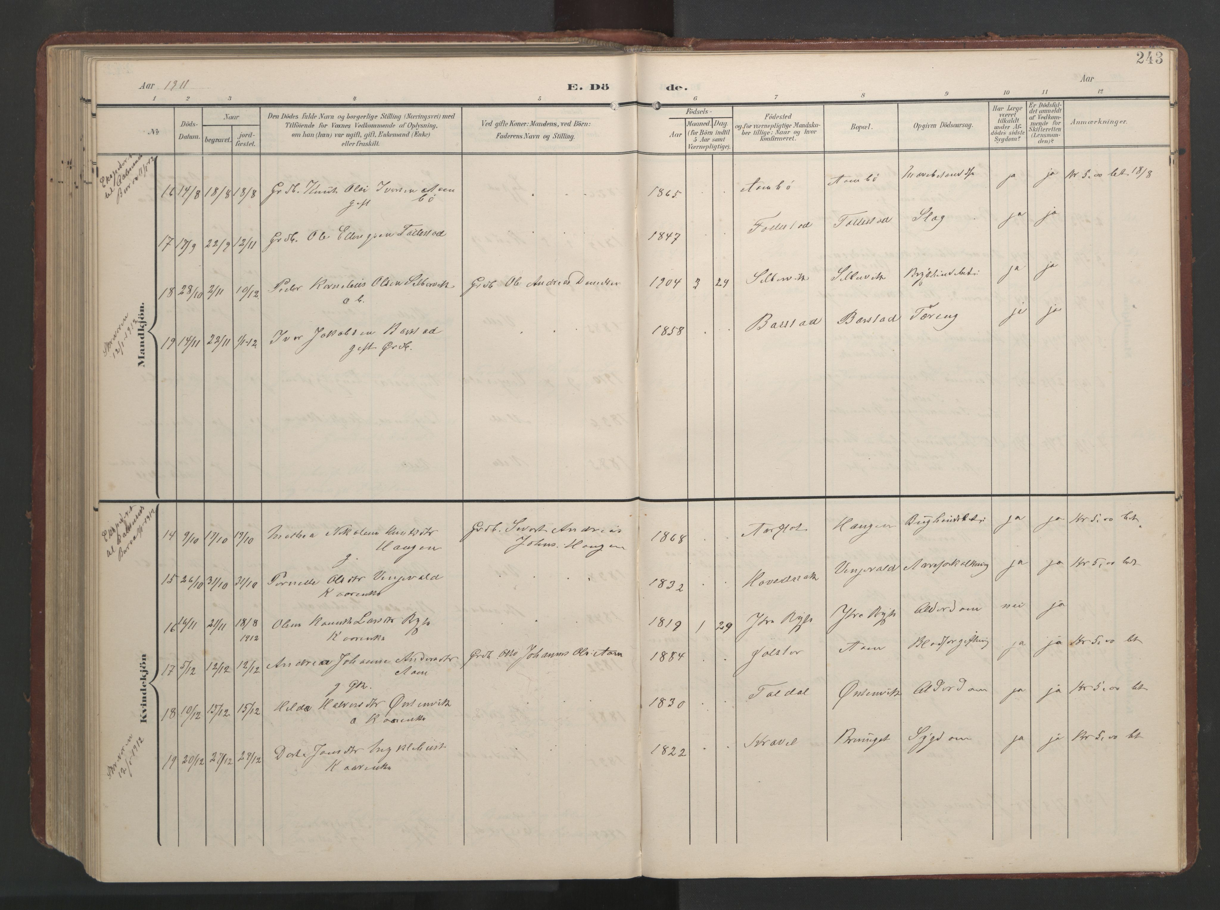 Ministerialprotokoller, klokkerbøker og fødselsregistre - Møre og Romsdal, AV/SAT-A-1454/513/L0190: Klokkerbok nr. 513C04, 1904-1926, s. 243