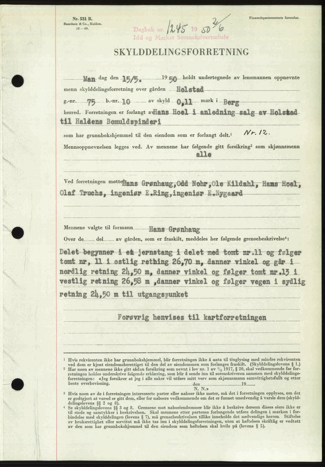 Idd og Marker sorenskriveri, AV/SAO-A-10283/G/Gb/Gbb/L0014: Pantebok nr. A14, 1950-1950, Dagboknr: 1245/1950