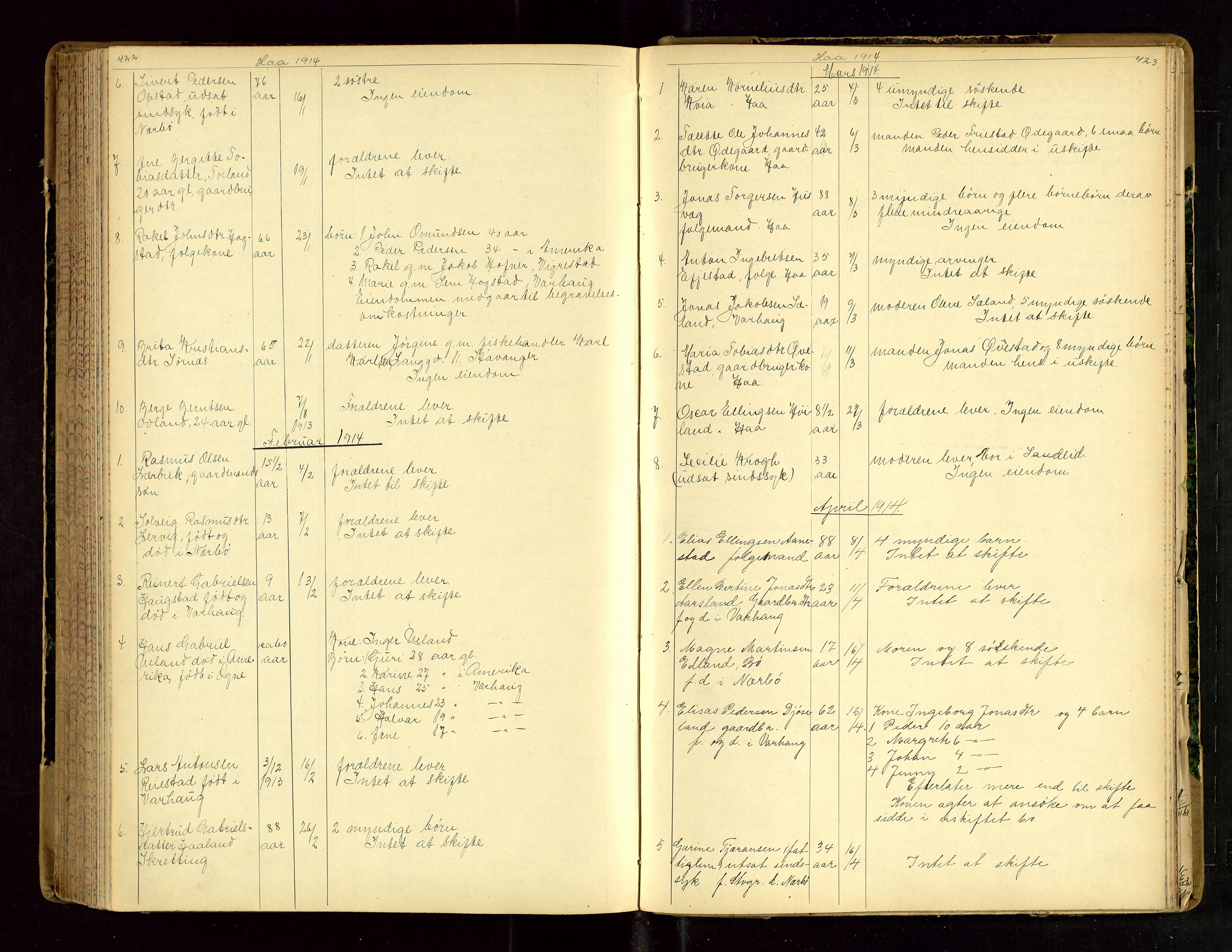 Jæren sorenskriveri, AV/SAST-A-100310/01/5/52/52B/L0003: DØDSFALLPROTOKOLL, 1910-1916, s. 422-423